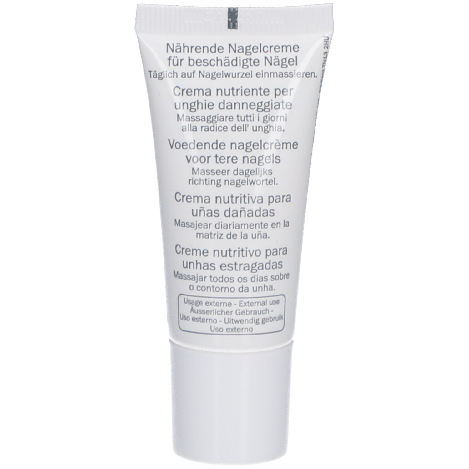 Dos du tube de crème. Informations produit multilingues. Inscription: Nährende Nagelcreme für beschädigte Nägel, Creme nutriente per unghie danneggiate.