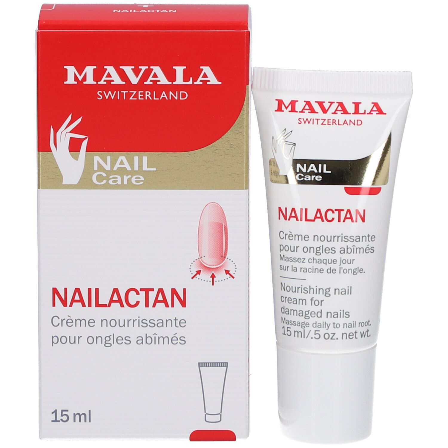 Emballage du produit et tube. Boîte rouge avec nom du produit et de la marque. Tube avec nom du produit et de la marque. Inscription: Mavala Switzerland, Nailactan.