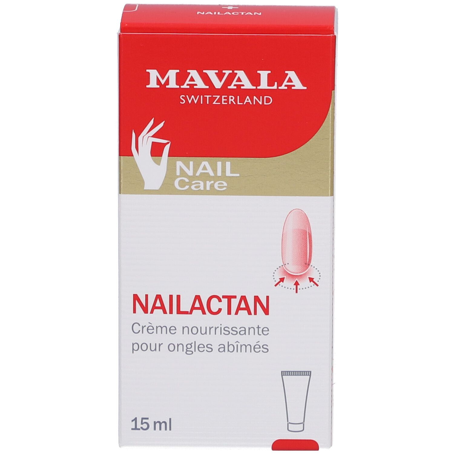 Boîte rouge avec nom du produit et de la marque. Inscription: Mavala Switzerland, Nailactan, Crème nourrissante pour ongles abîmés, 15 ml.