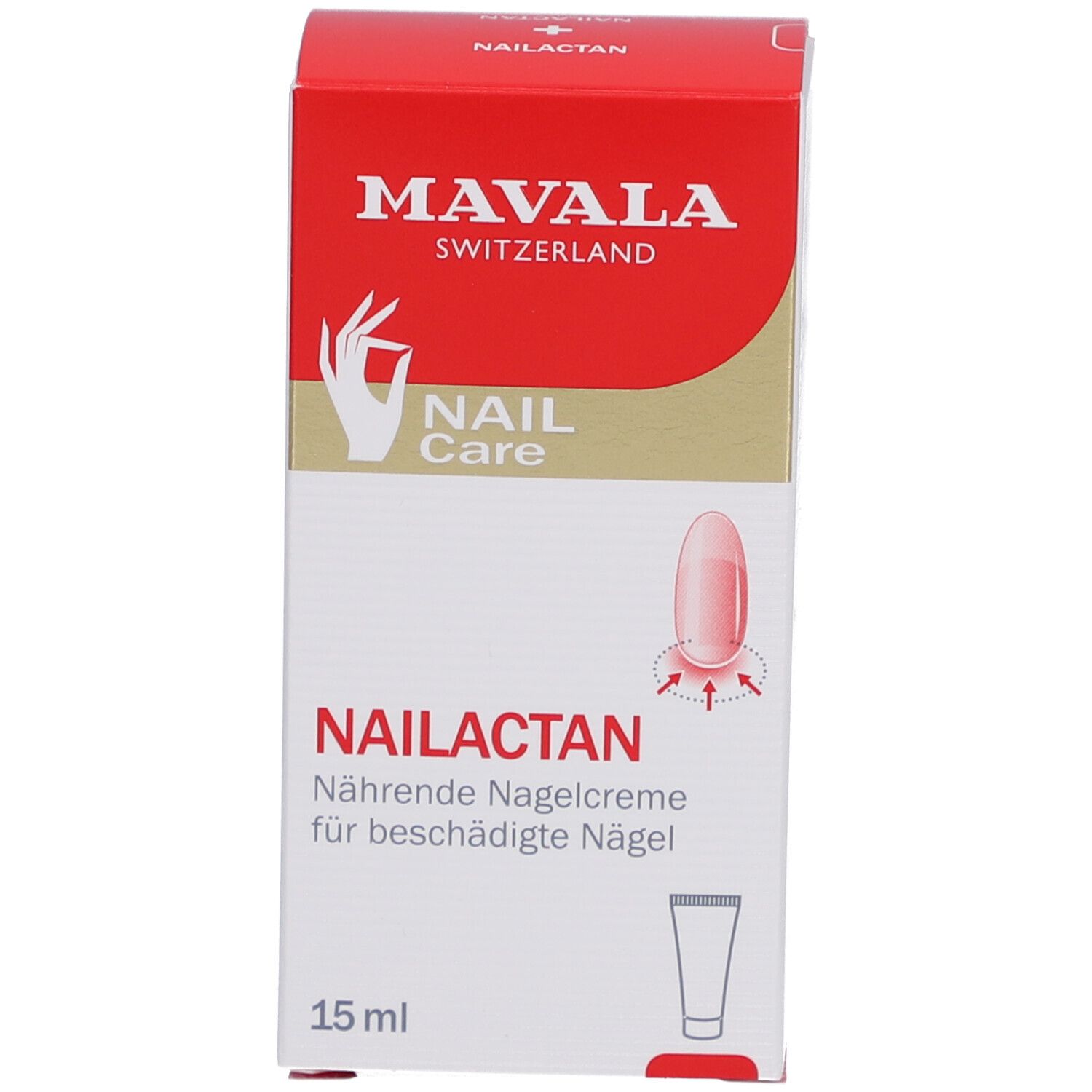 Emballage du produit. Inscription: Mavala Switzerland, Nailactan, Nährende Nagelcreme für beschädigte Nägel, 15 ml.