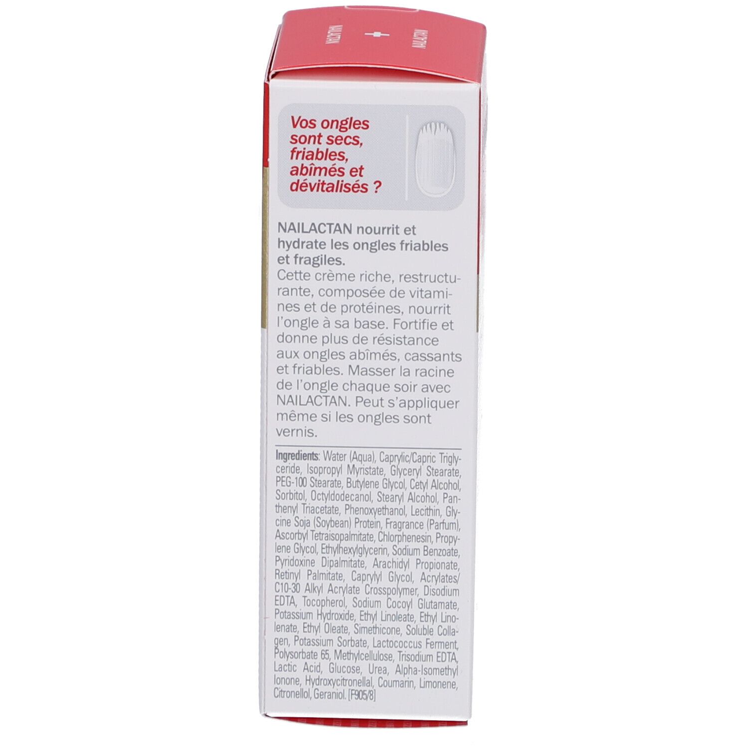 Vue latérale de l'emballage du produit. Texte en français. Inscription: Vos ongles sont secs, friables, abîmés et dévitalisés?
