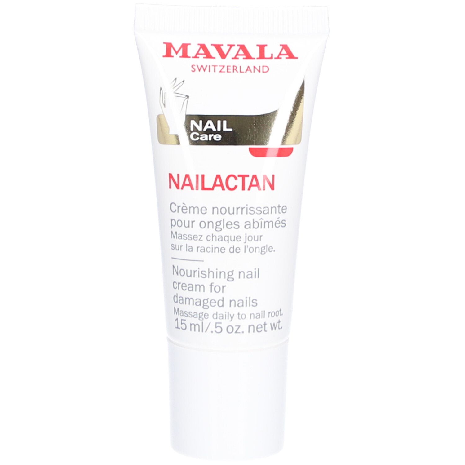 Tube de crème avec nom de produit et de marque. Inscription: Mavala Switzerland, Nailactan, Crème nourrissante pour ongles abîmés.