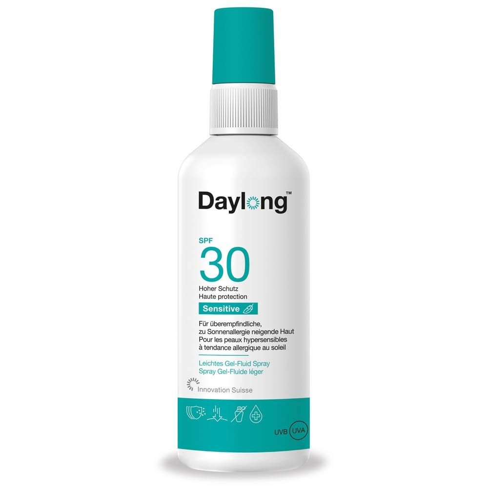 Witte fles met turquoise dop. Opschrift: Daylong SPF 30 Sensitive. Gel-Spray. UVB/UVA.
