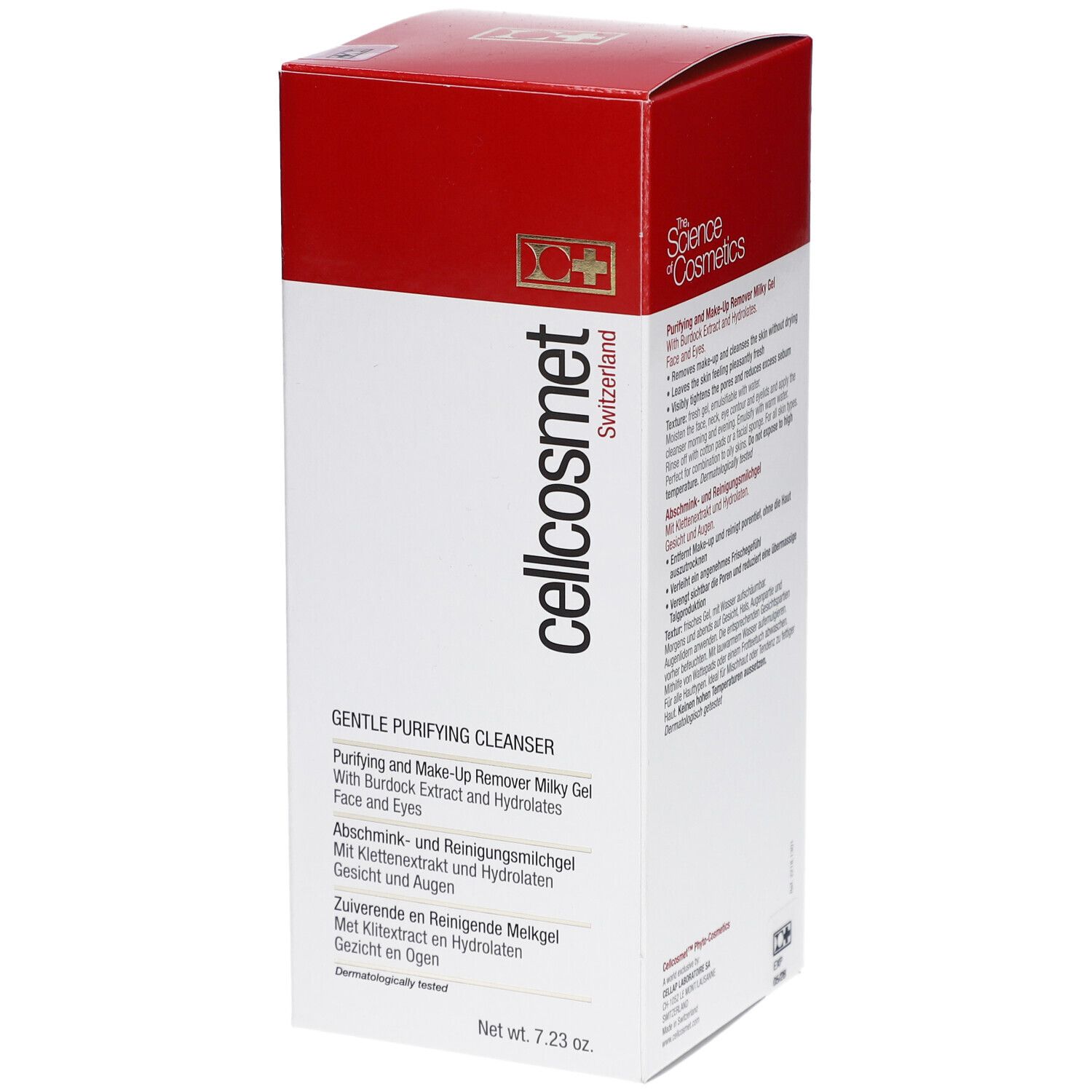 Wit en rode verpakking met productinformatie. Opschrift: cellcosmet, Gentle Purifying Cleanser. Land van herkomst: Zwitserland.