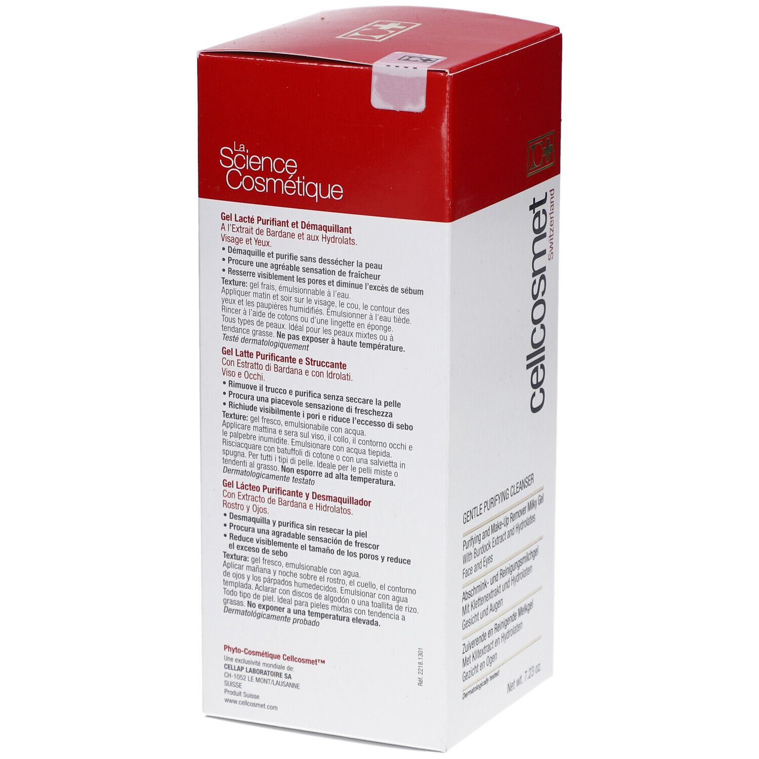 Achterkant van de wit en rode verpakking. Meertalige tekst. Opschrift: cellcosmet. Land van herkomst: Zwitserland. Zegel.