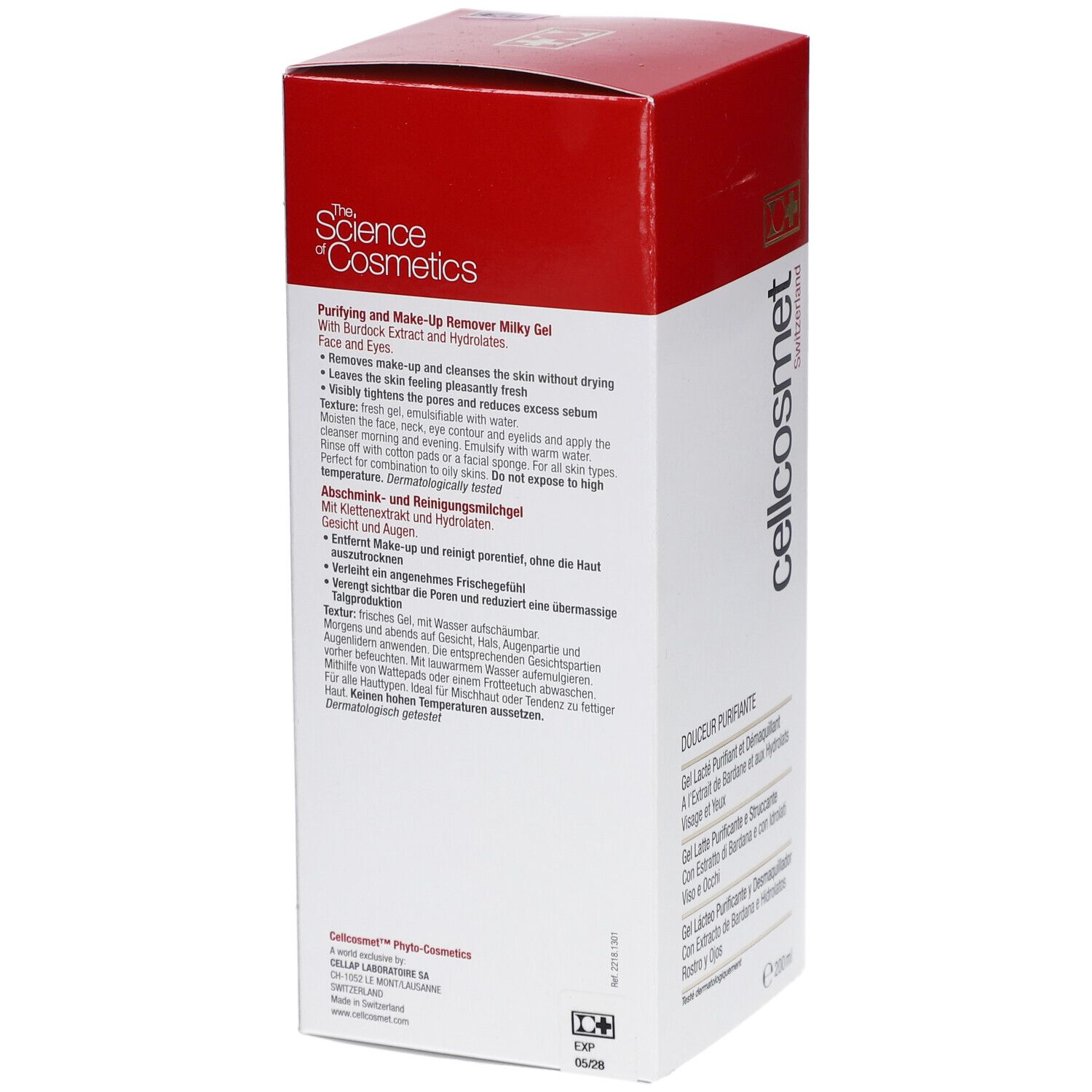 Achterkant van de wit en rode verpakking. Meertalige tekst. Opschrift: cellcosmet. Land van herkomst: Zwitserland. Zegel.