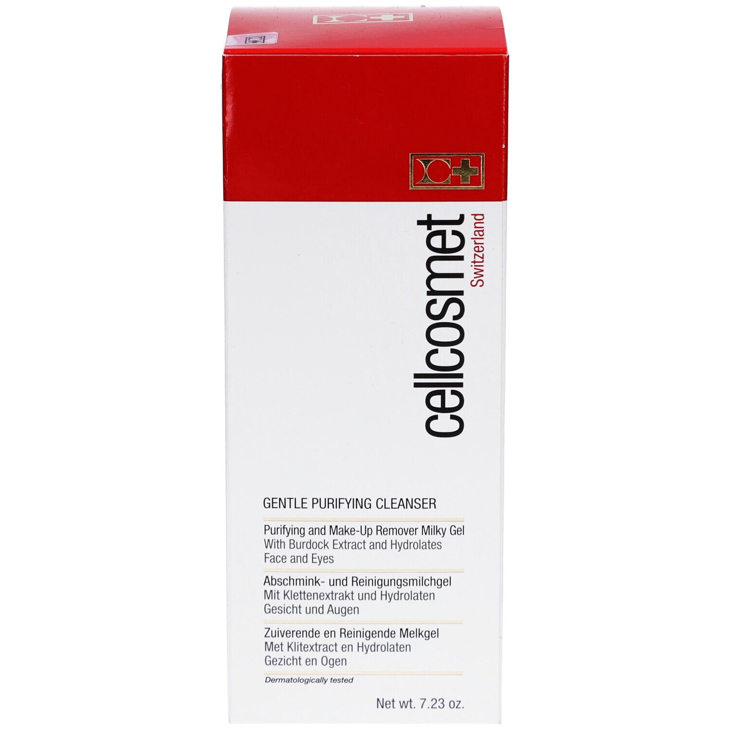 Wit en rode verpakking met productinformatie. Opschrift: cellcosmet, Gentle Purifying Cleanser. Land van herkomst: Zwitserland.