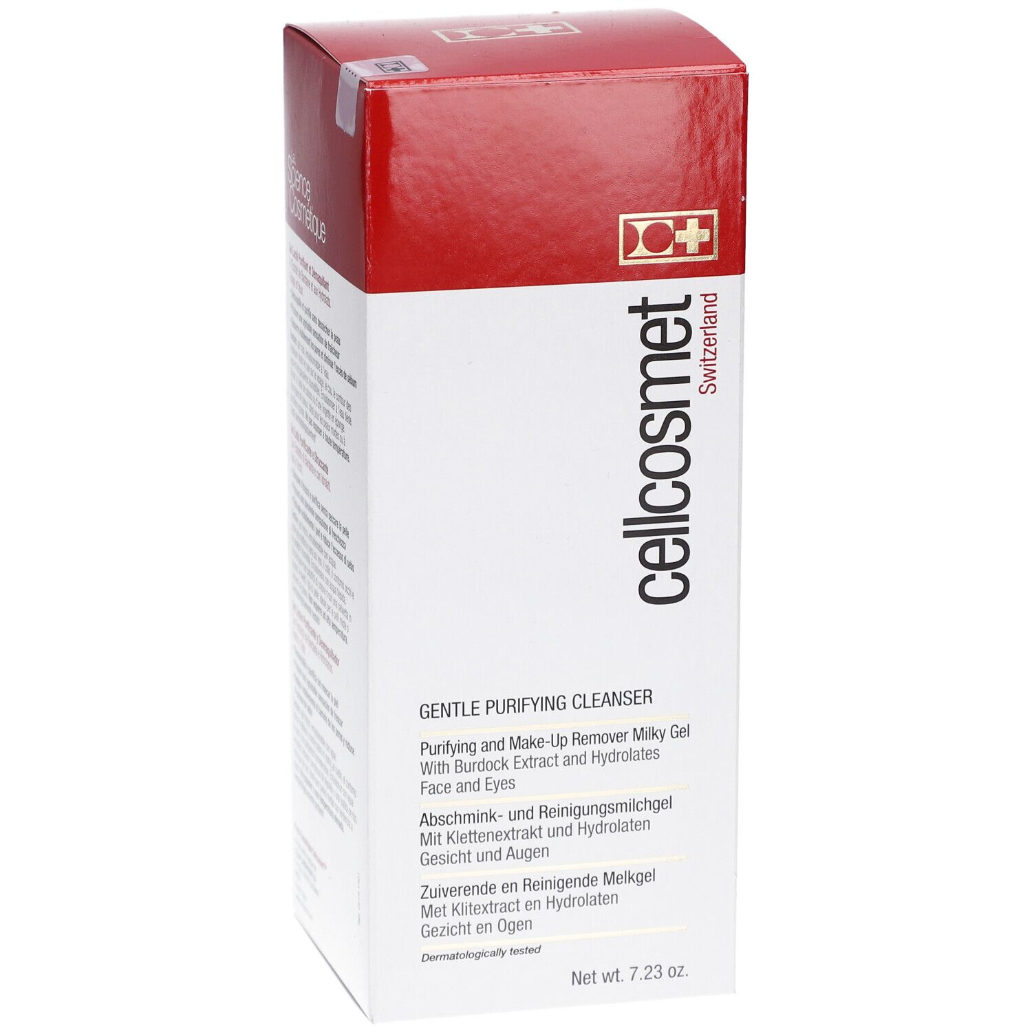 Wit en rode verpakking met productinformatie. Opschrift: cellcosmet, Gentle Purifying Cleanser. Land van herkomst: Zwitserland.