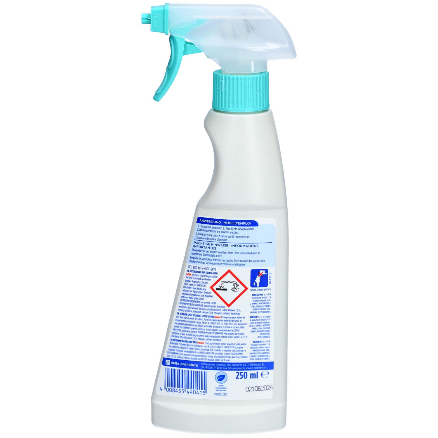 Dos du flacon de spray anti-taches. Couleurs turquoise et blanc. Texte et pictogrammes. Indication de volume 250 ml.