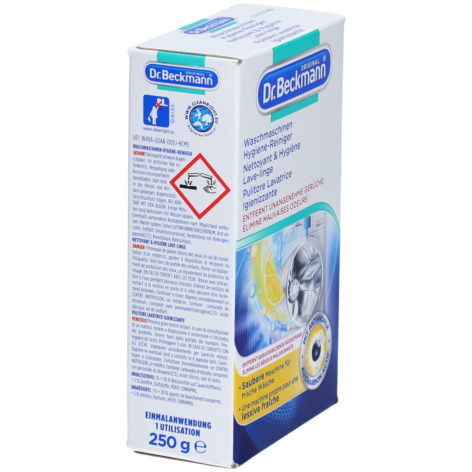 Doos Dr. Beckmann wasmachine hygiënereiniger. 250g. Waarschuwing. Tekst in Duits, Frans, Italiaans.