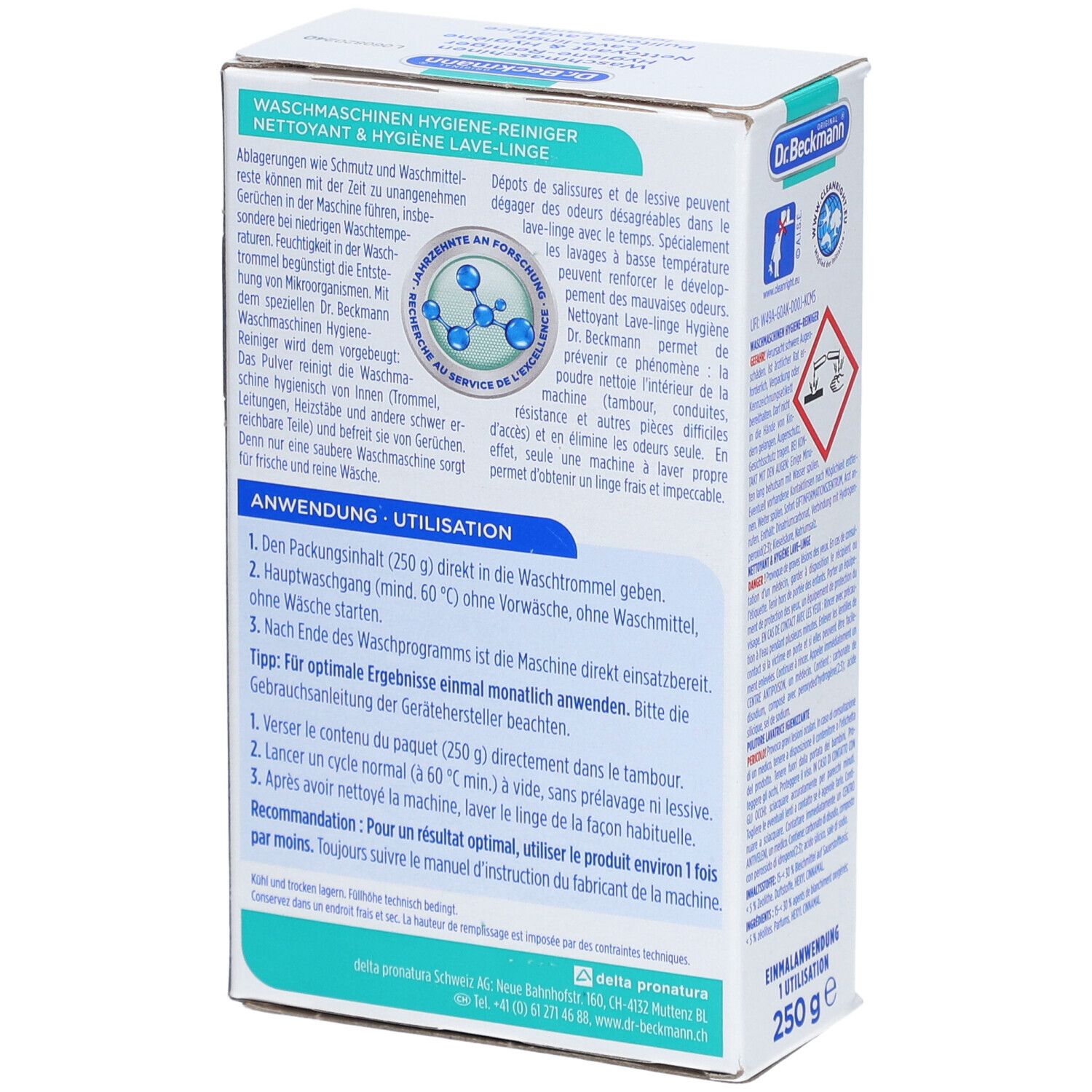 Achterkant verpakking Dr. Beckmann wasmachine hygiënereiniger. Gebruiksaanwijzing in Duits en Frans.