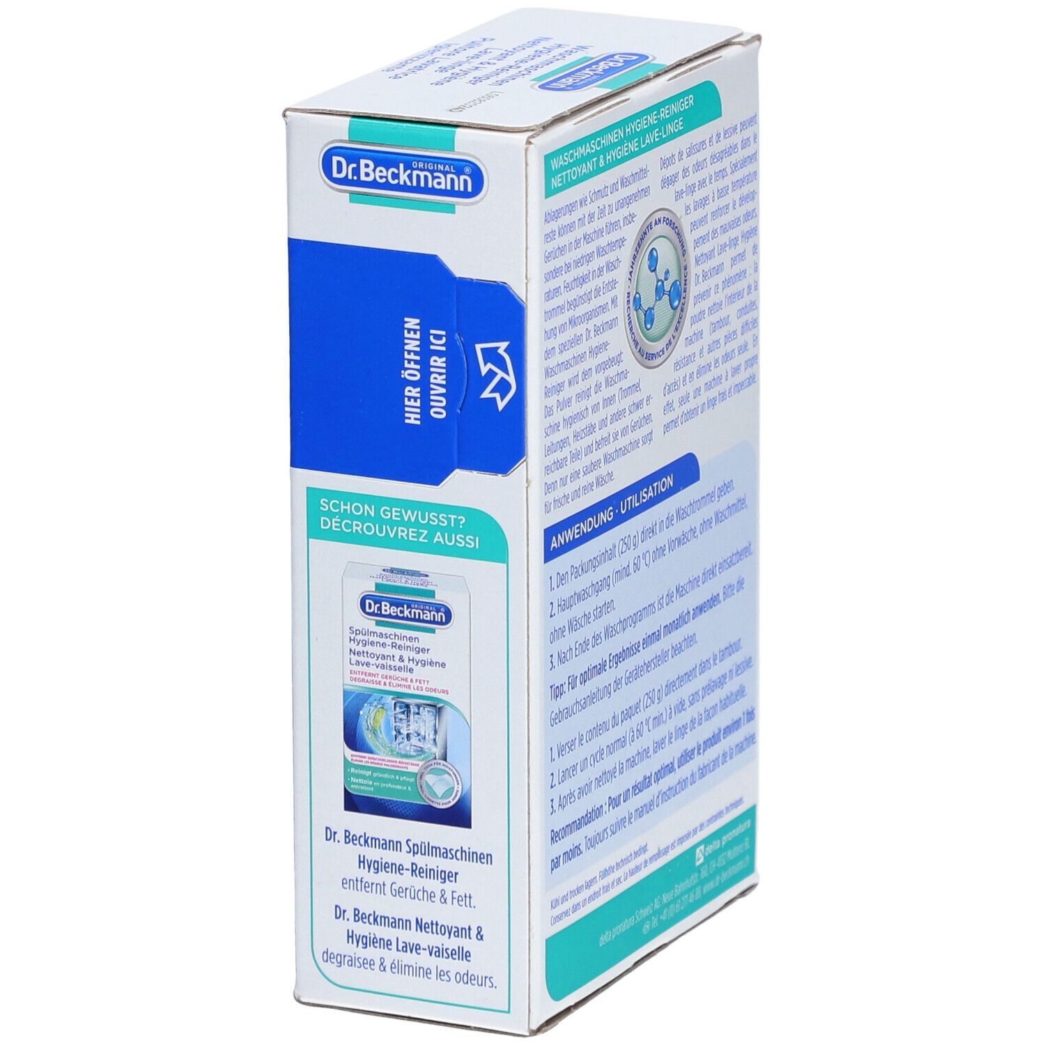 Zijkant verpakking Dr. Beckmann wasmachine hygiënereiniger. Scheurstrip. Productafbeelding.