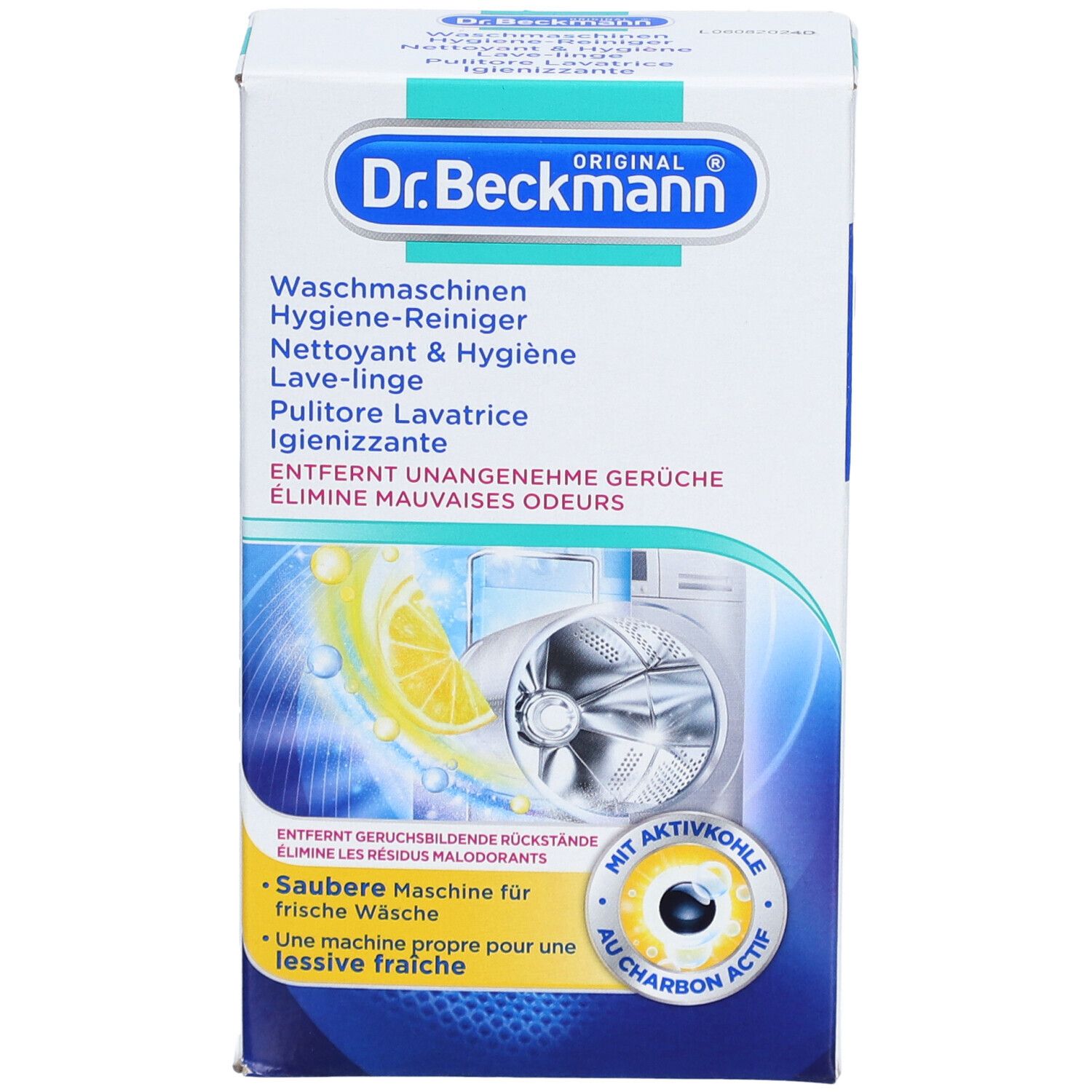 Doos Dr. Beckmann wasmachine hygiënereiniger. Bevat actieve kool. Afbeelding van een wasmachine met citroen.