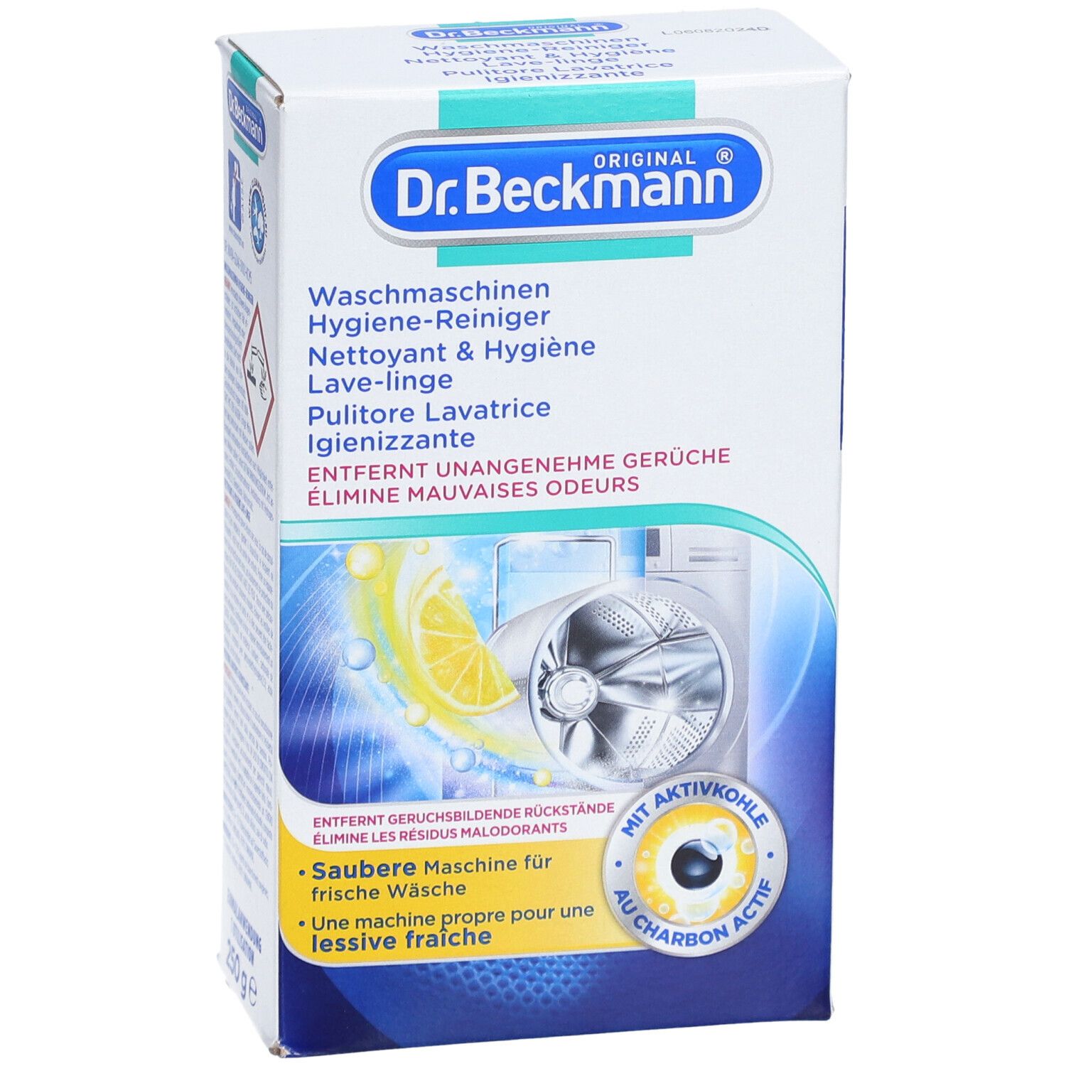 Doos Dr. Beckmann wasmachine hygiënereiniger. Bevat actieve kool. Afbeelding van een wasmachine met citroen.