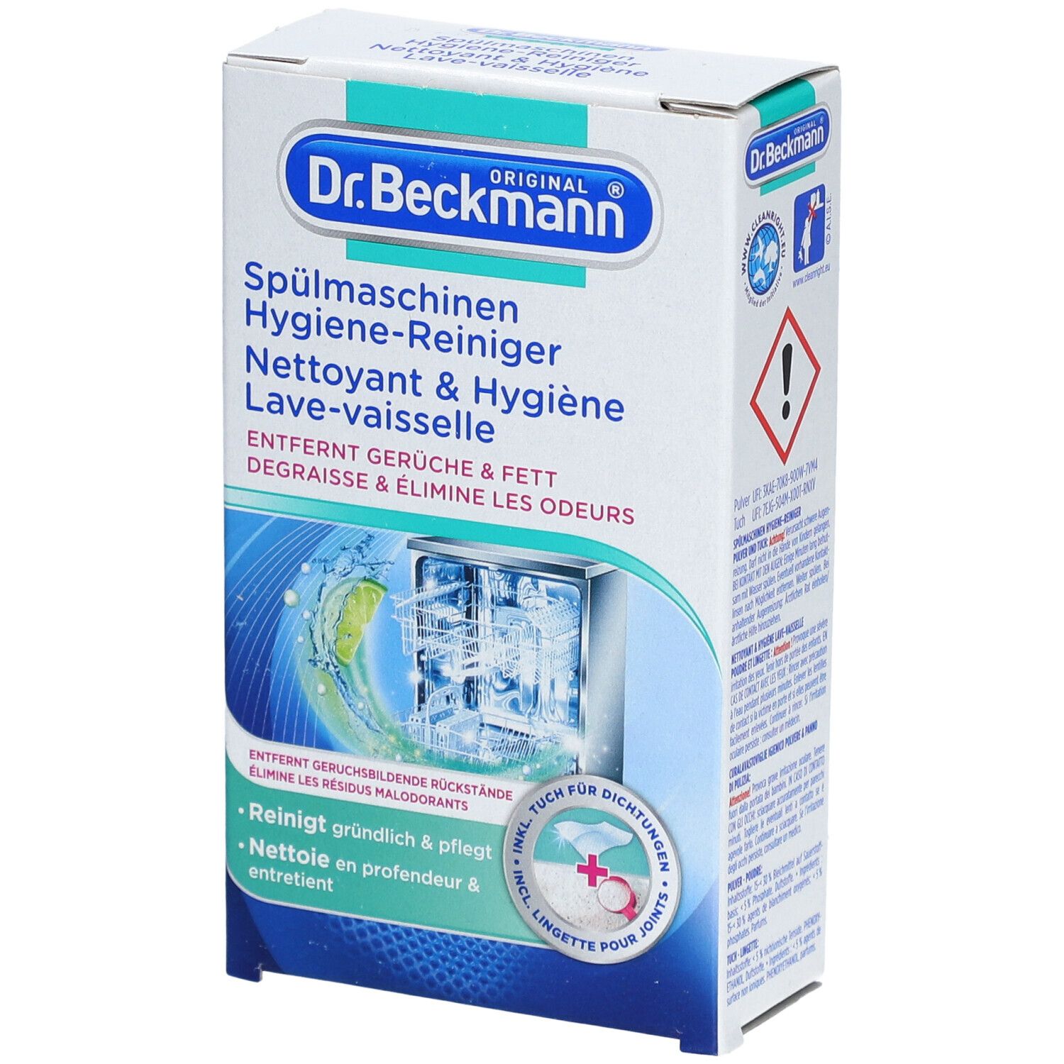 Doos met productopdruk. Tekst: Hygiene Reiniger. Bevat reiniger en een doekje. Merk: Dr. Beckmann.