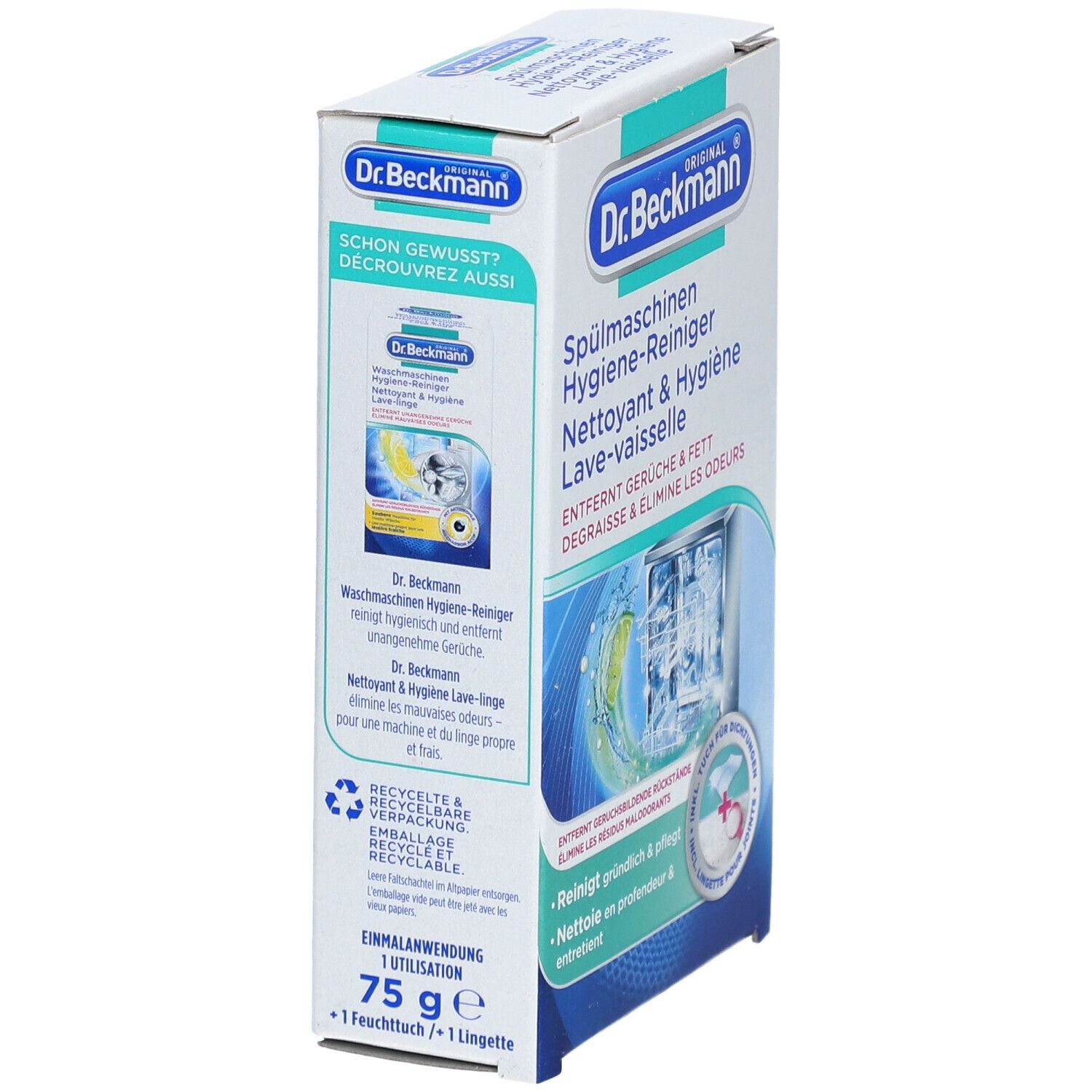 Zijaanzicht van de doos. Tekst: Hygiene Reiniger. Bevat 75g poeder en een doekje. Merk: Dr. Beckmann.