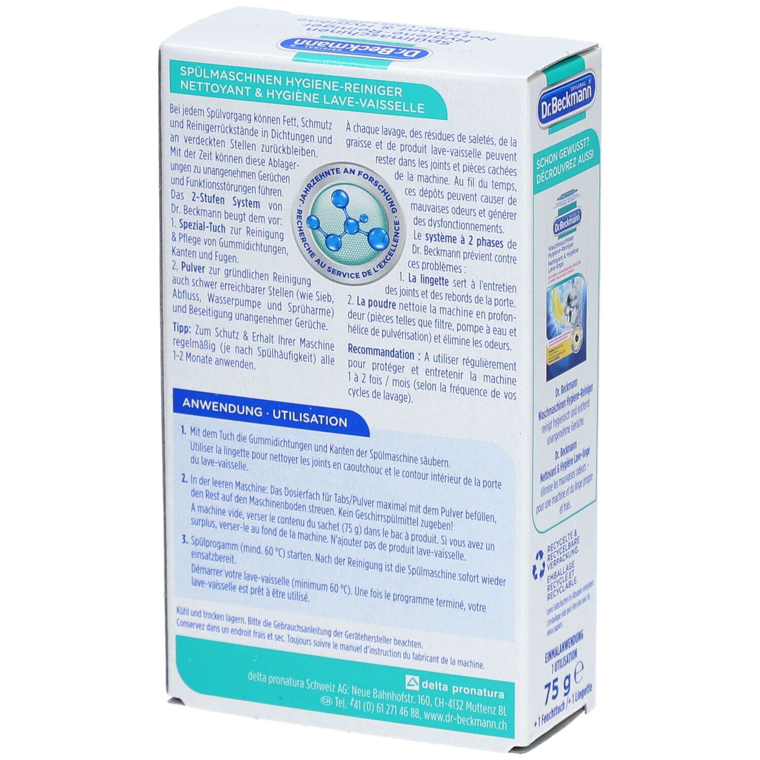 Achterkant van de productverpakking. Tekst: Gebruik. Bevat informatie over het gebruik. Merk: Dr. Beckmann.