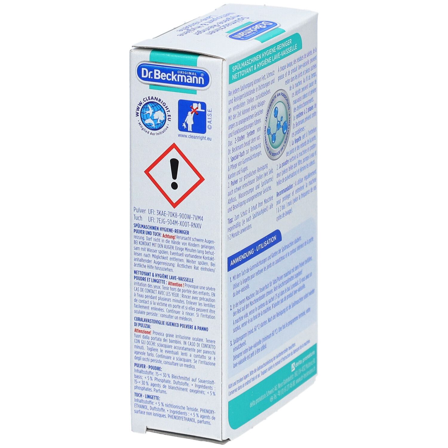 Zijaanzicht van de verpakking. Tekst: Waarschuwing. Bevat informatie over gevaren. Merk: Dr. Beckmann.