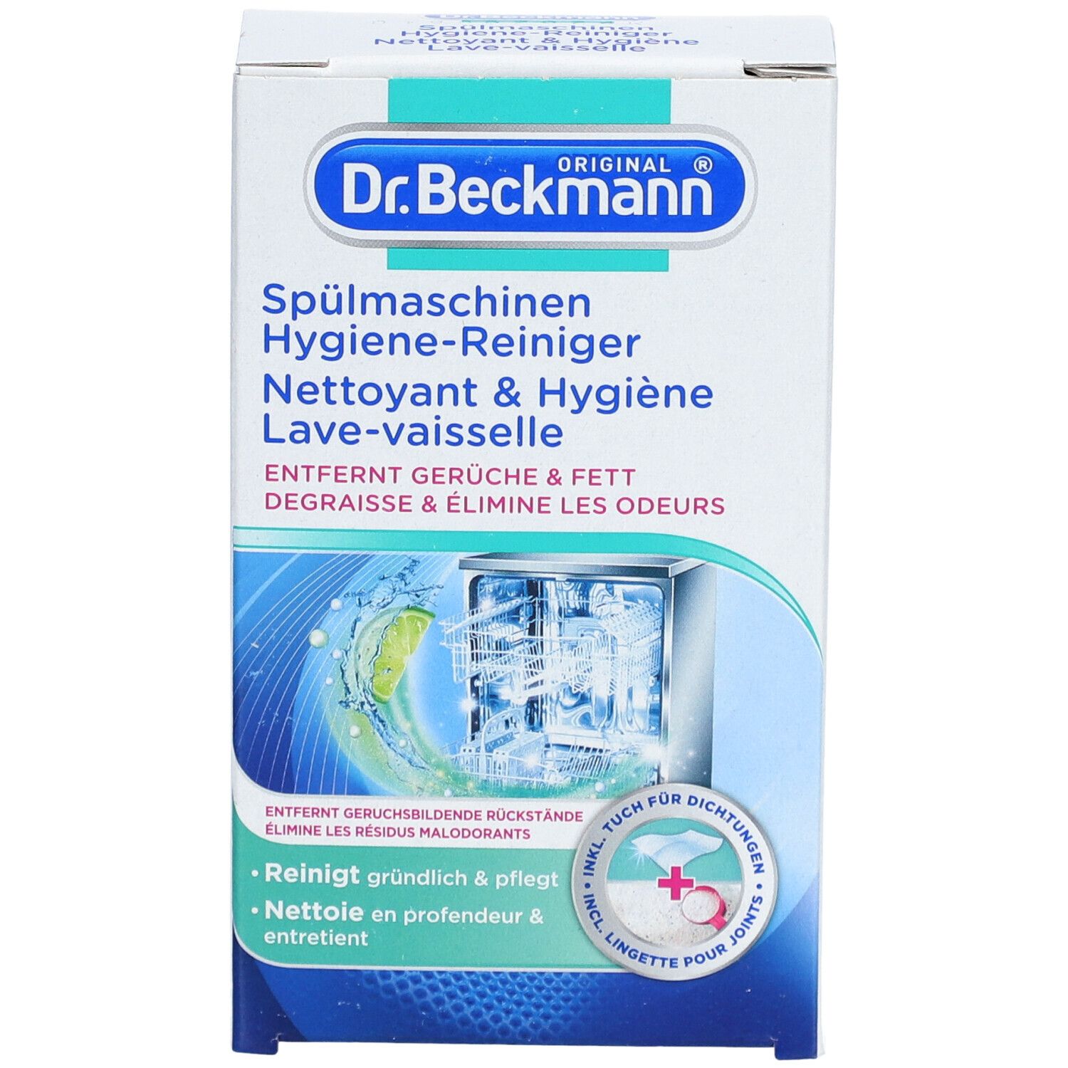 Doos met productopdruk. Tekst: Hygiene Reiniger. Bevat reiniger en een doekje. Merk: Dr. Beckmann.