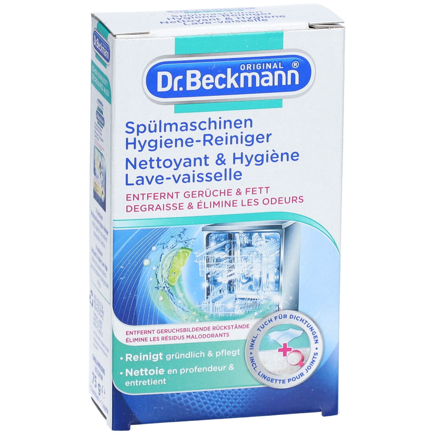 Doos met productopdruk. Tekst: Hygiene Reiniger. Bevat reiniger en een doekje. Merk: Dr. Beckmann.