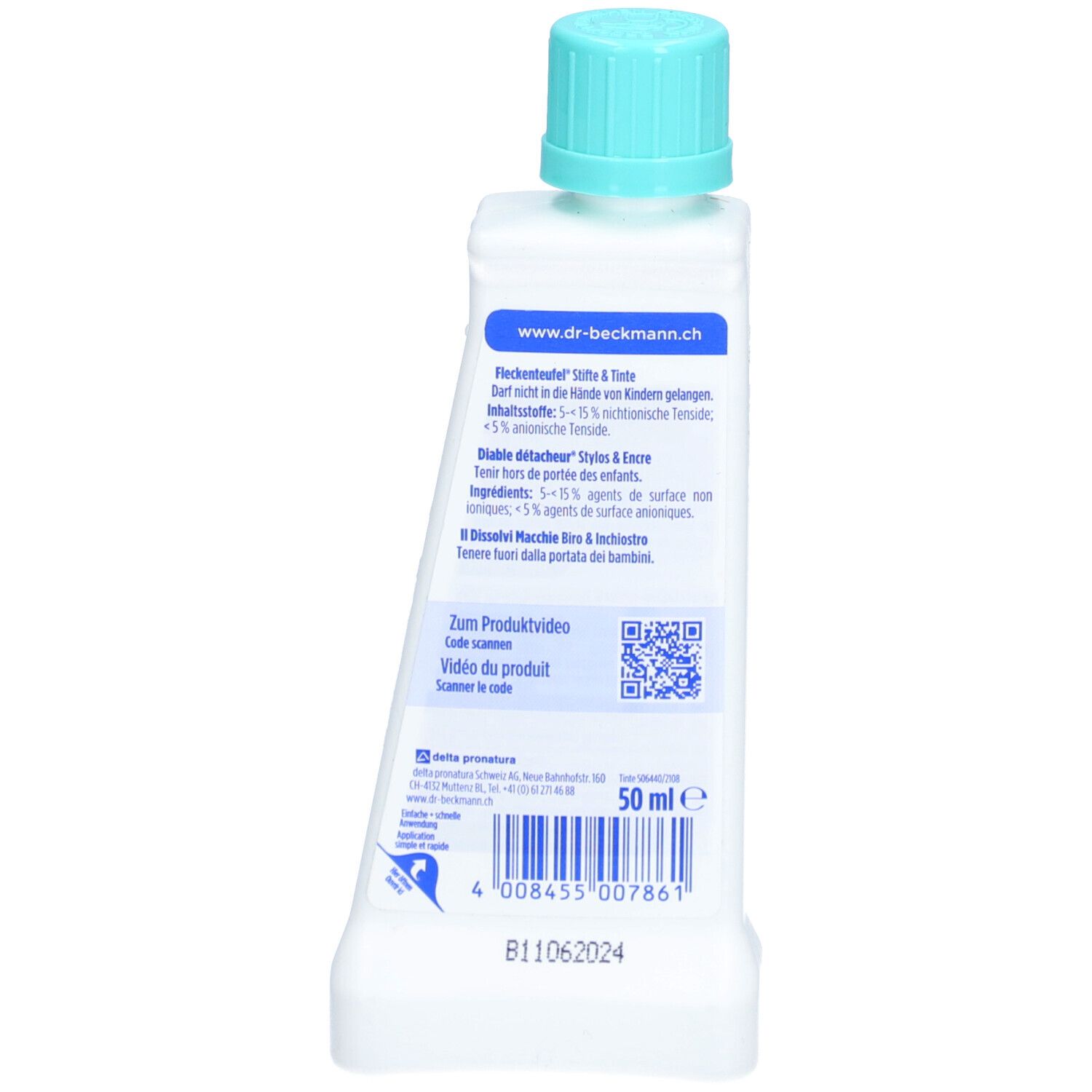 Achterkant van de vlekverwijderaar fles. Opschrift: Dr. Beckmann, Flecken Teufel, Stiften & Inkt. QR-code en volume: 50 ml.