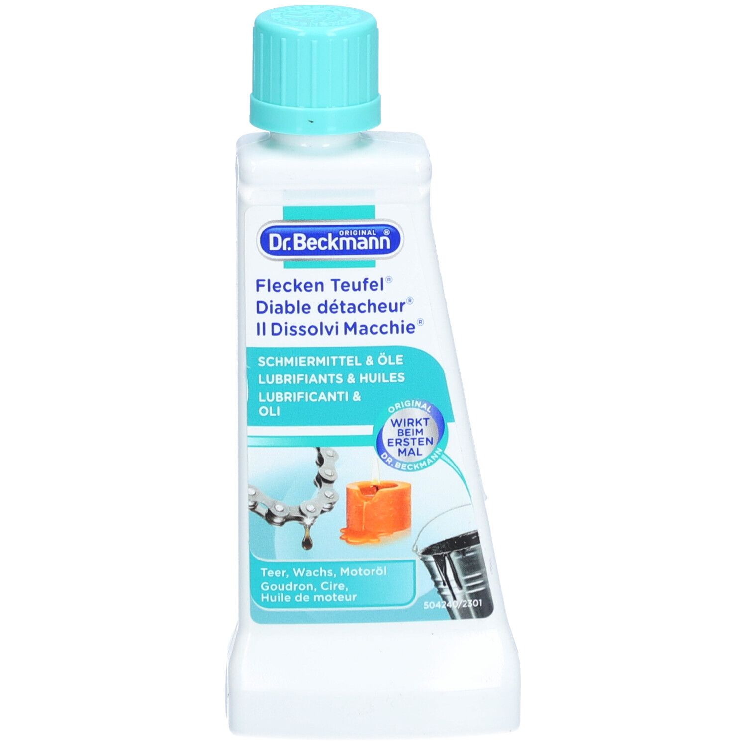 Fles met blauwe dop. Opschrift: Dr. Beckmann, Vlekken Duivel, smeermiddelen & oliën. Afbeeldingen van ketting, was, motorolie.