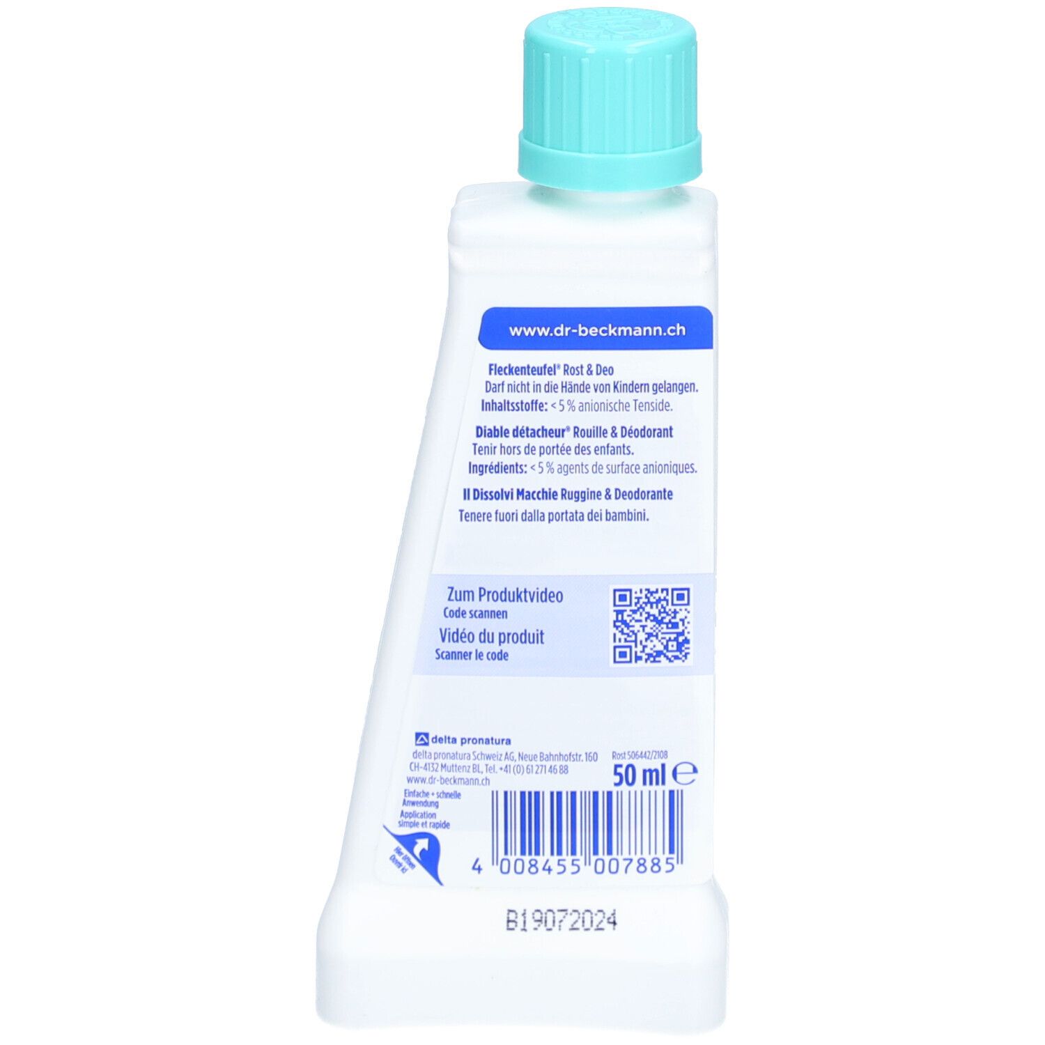 Achterkant van de fles met blauwe dop. Etiket met tekst en QR-code. 50 ml.