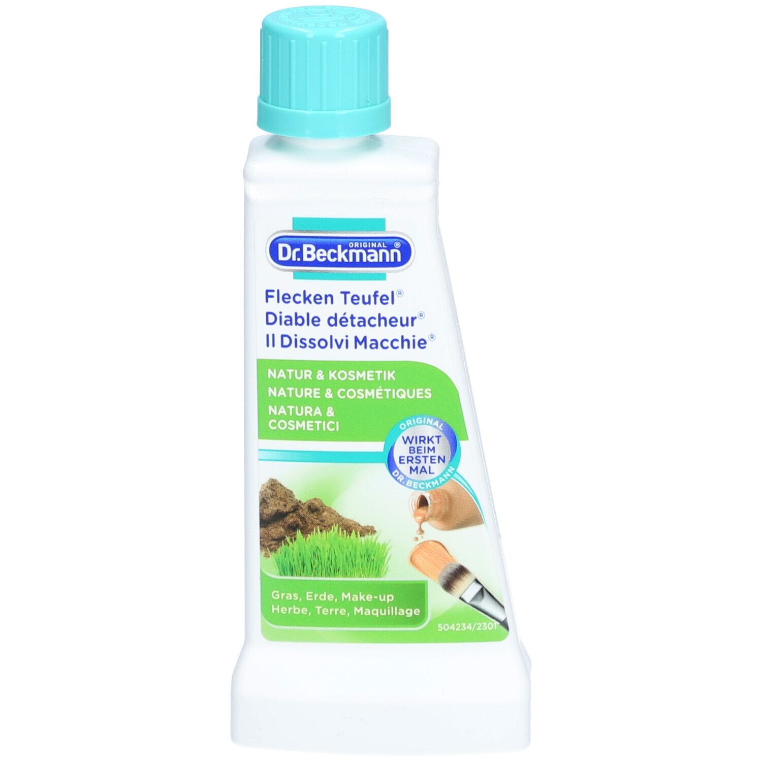 Vlekverwijderaar fles met blauwe dop. Etiket met productnaam, illustraties en tekst. Groen-wit ontwerp.