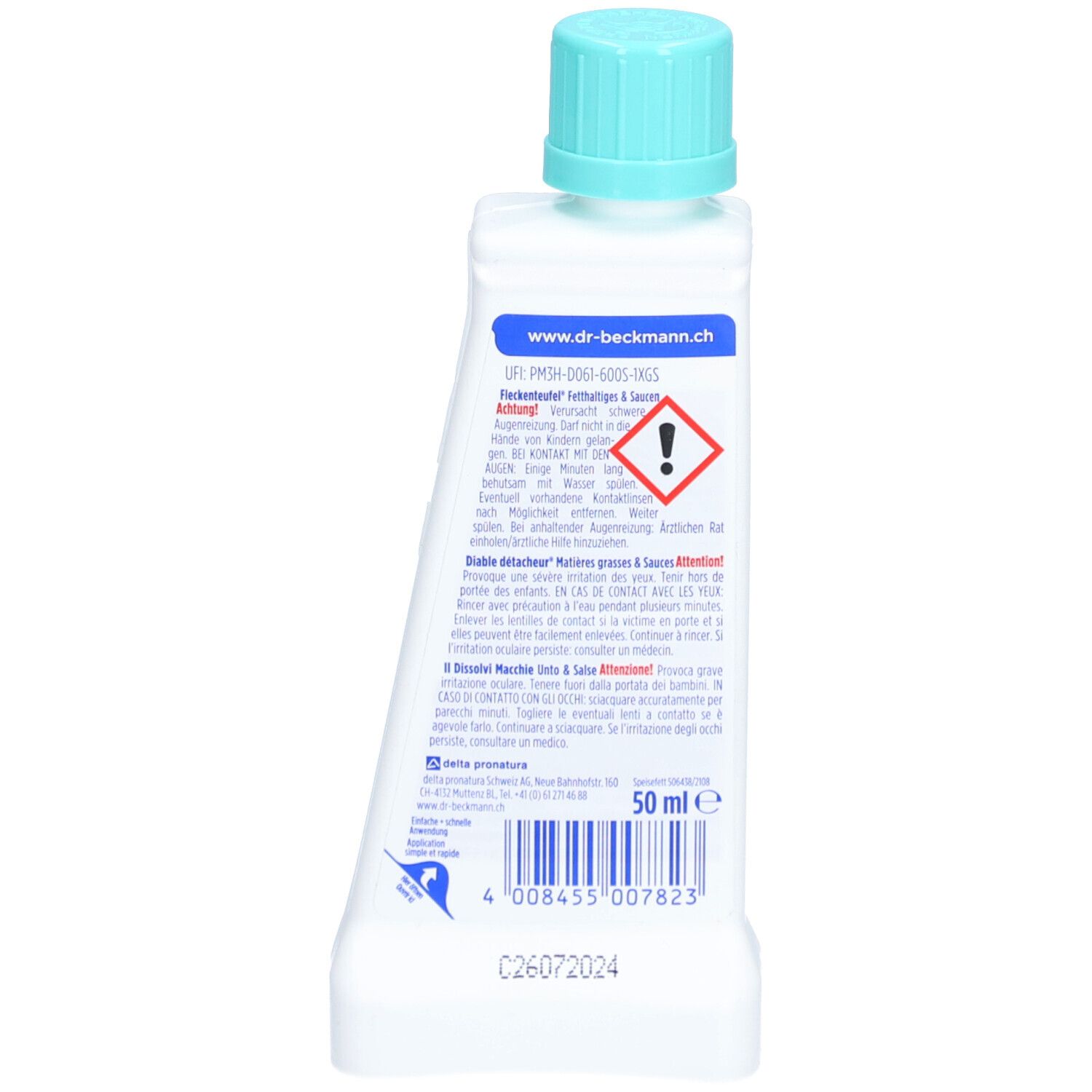 Achterkant van de vlekverwijderaar fles. Bevat tekst, waarschuwingen en barcode. Volume-aanduiding: 50 ml.