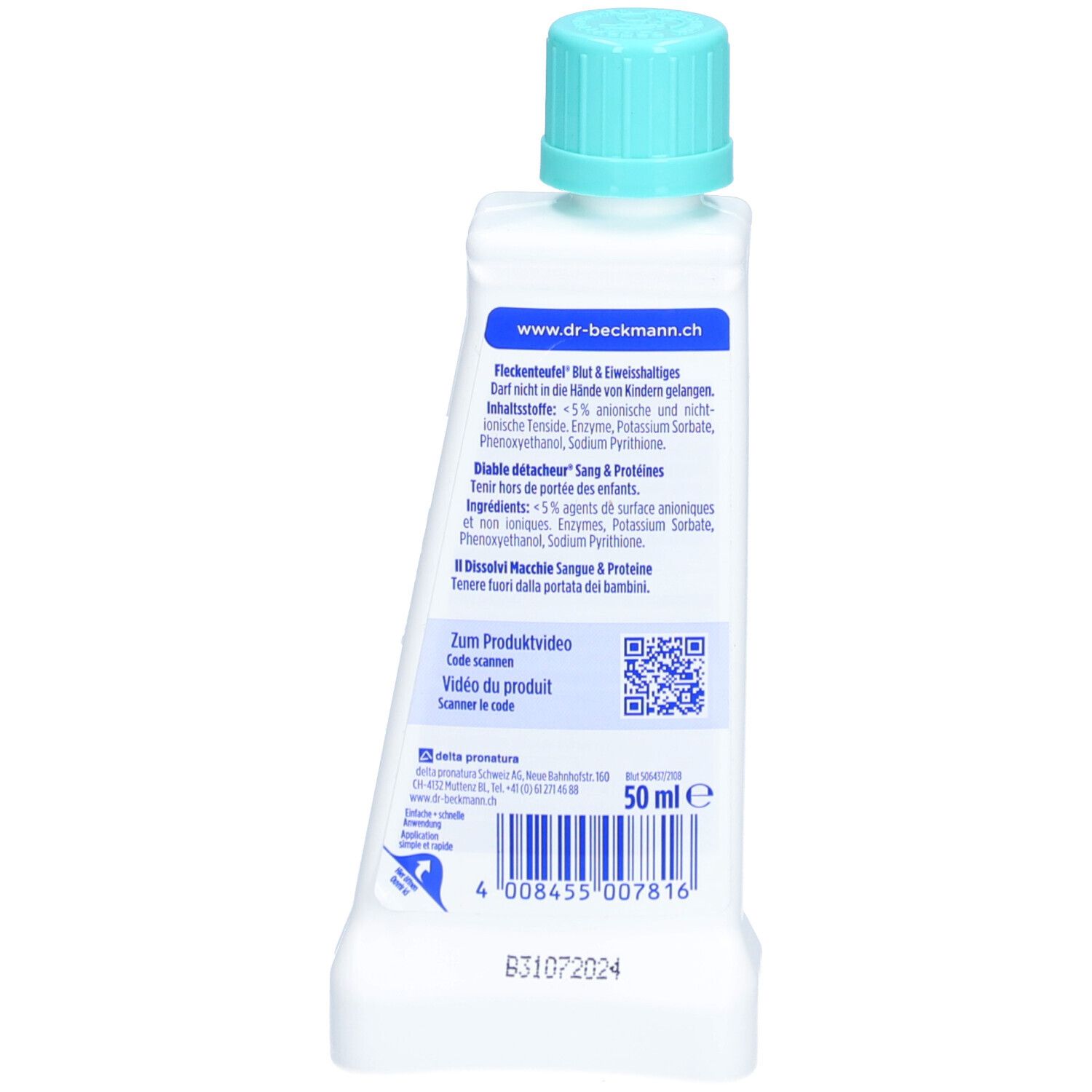 Dos du flacon détachant. Texte: Dr. Beckmann, Diable détachant, Sang & Protéines. Code QR. Volume: 50 ml.