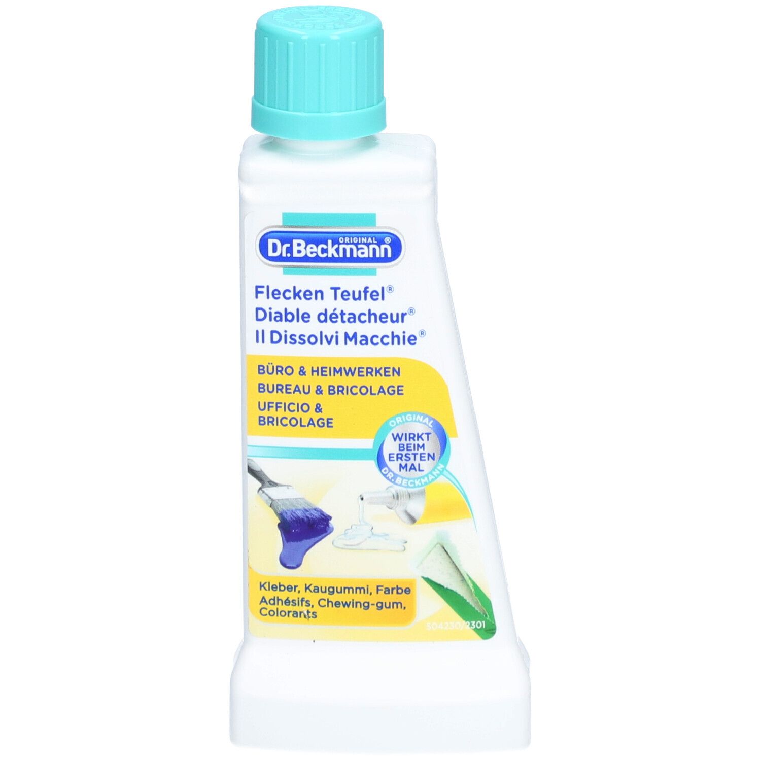 Flacon de détachant avec bouchon bleu. Inscription : Dr. Beckmann, Flecken-Teufel, Bureau & bricolage.