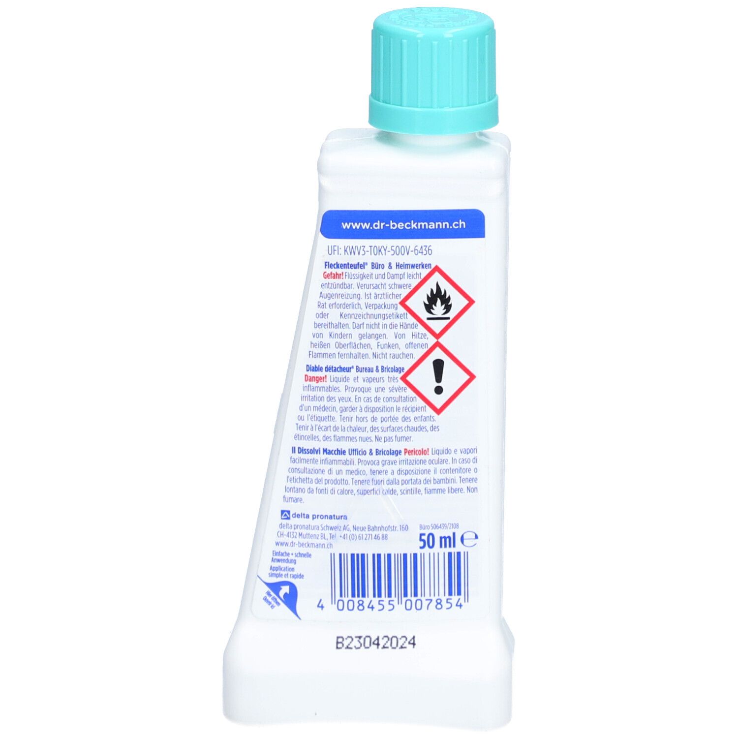 Dos du flacon de détachant. Contient des avertissements et un code-barres. Volume : 50 ml.