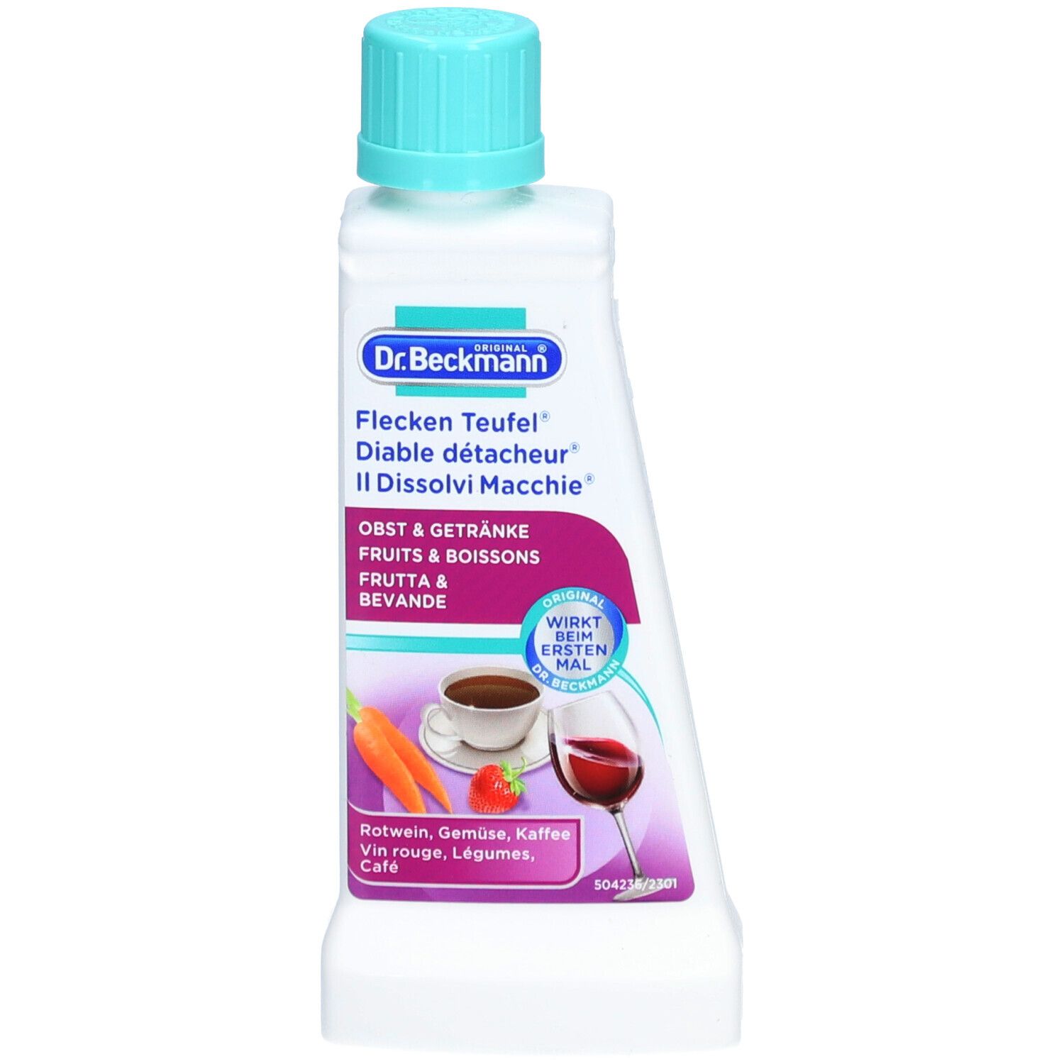 Fles met blauwe dop. Etiket met productnaam, vlekkenillustraties en tekst in meerdere talen.