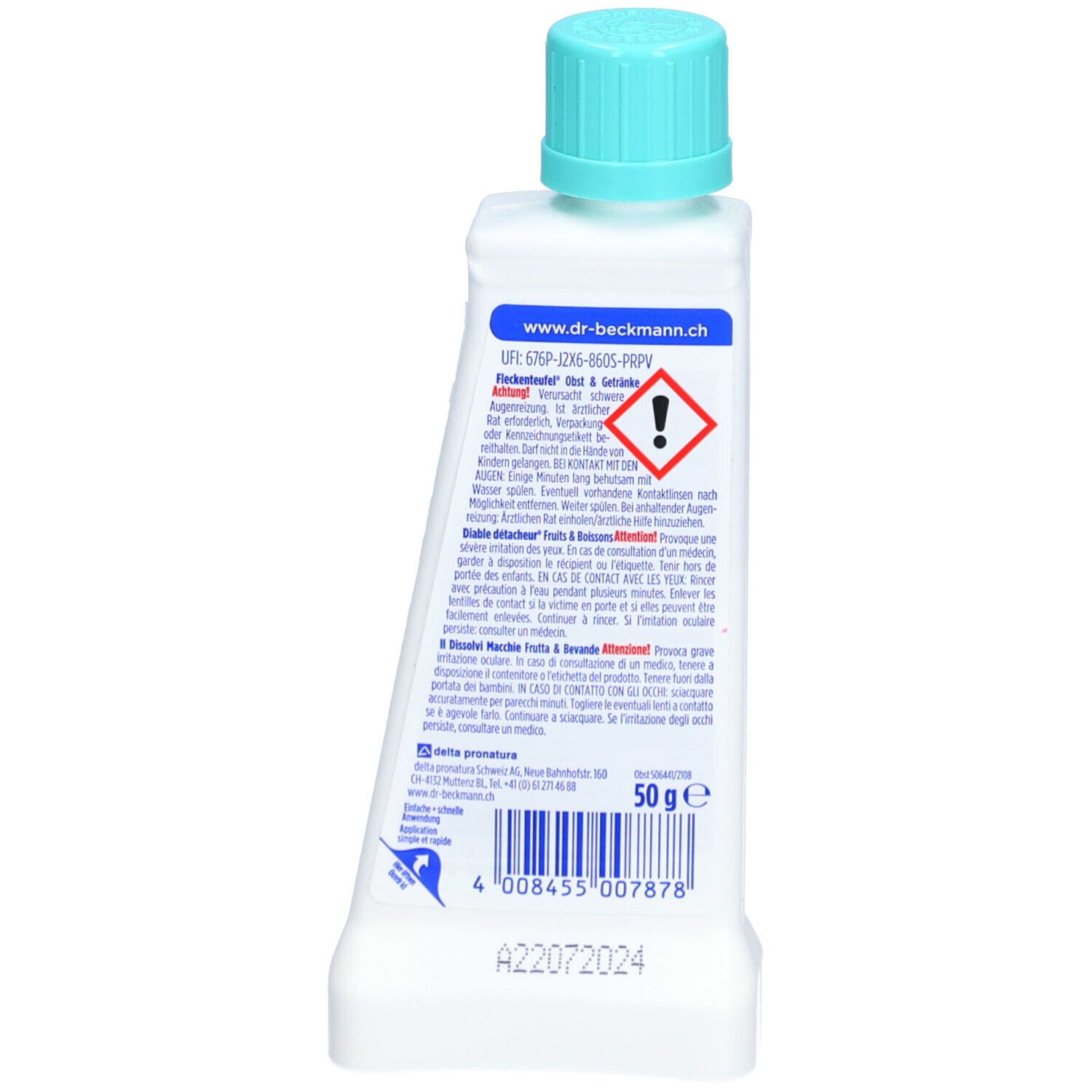 Achteraanzicht van de fles. Etiket met waarschuwingen, productinformatie en barcode.