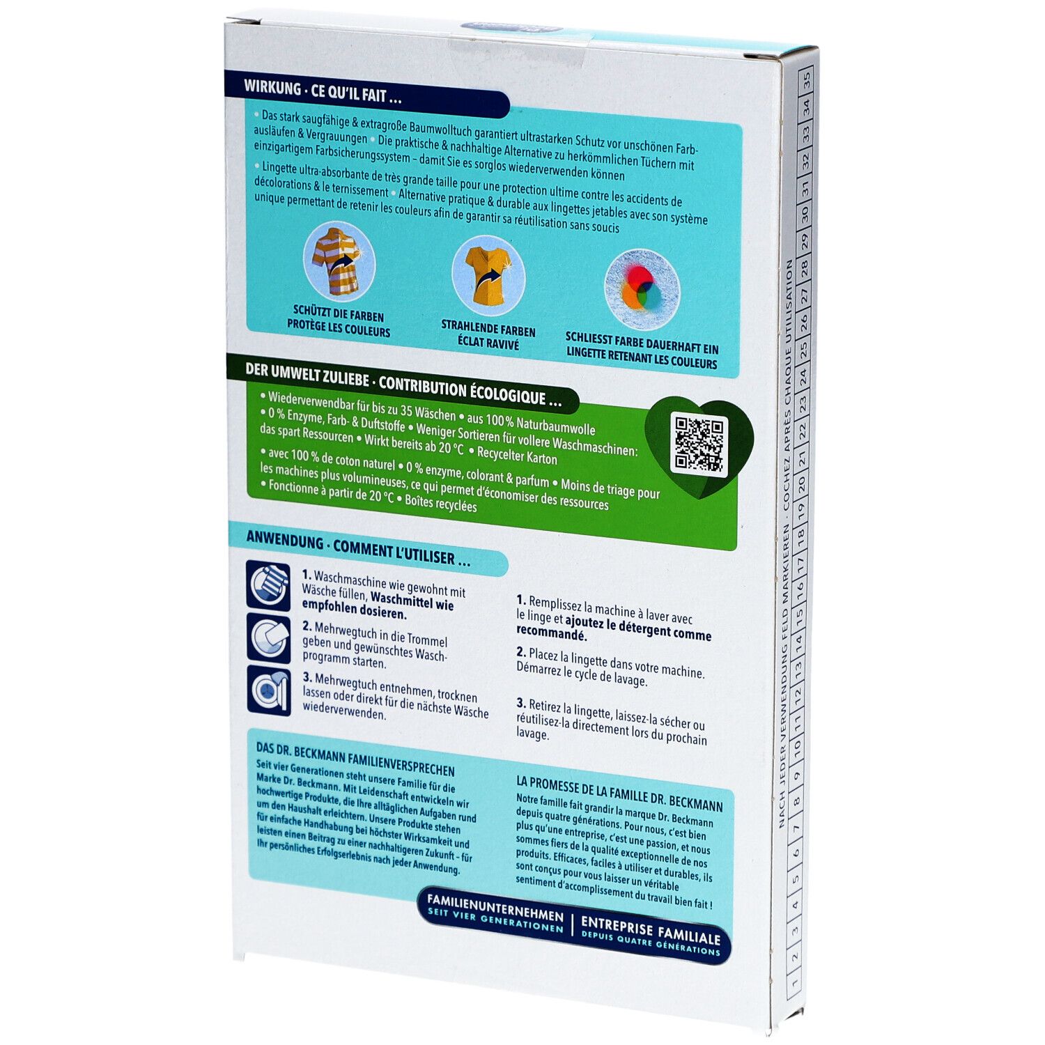 Dos de la boîte de lingettes anti-décoloration Dr. Beckmann. Texte: Wirkung, Umwelt-Zulieferung, Anwendung. Code QR. Illustrations.