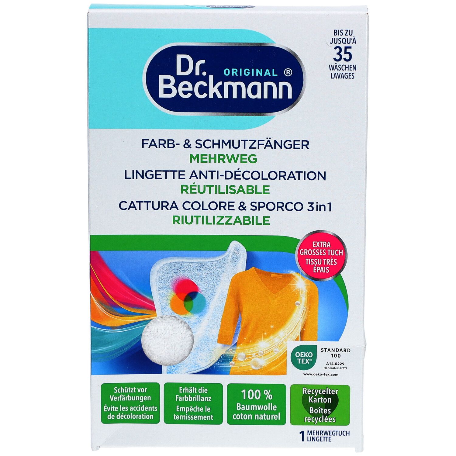 Boîte de lingettes anti-décoloration Dr. Beckmann. Texte: Farb- & Schmutzfänger, Mehrweg, Anti-Décoloration, Riutilizzabile. Contient 1 lingette. OEKO-TEX.