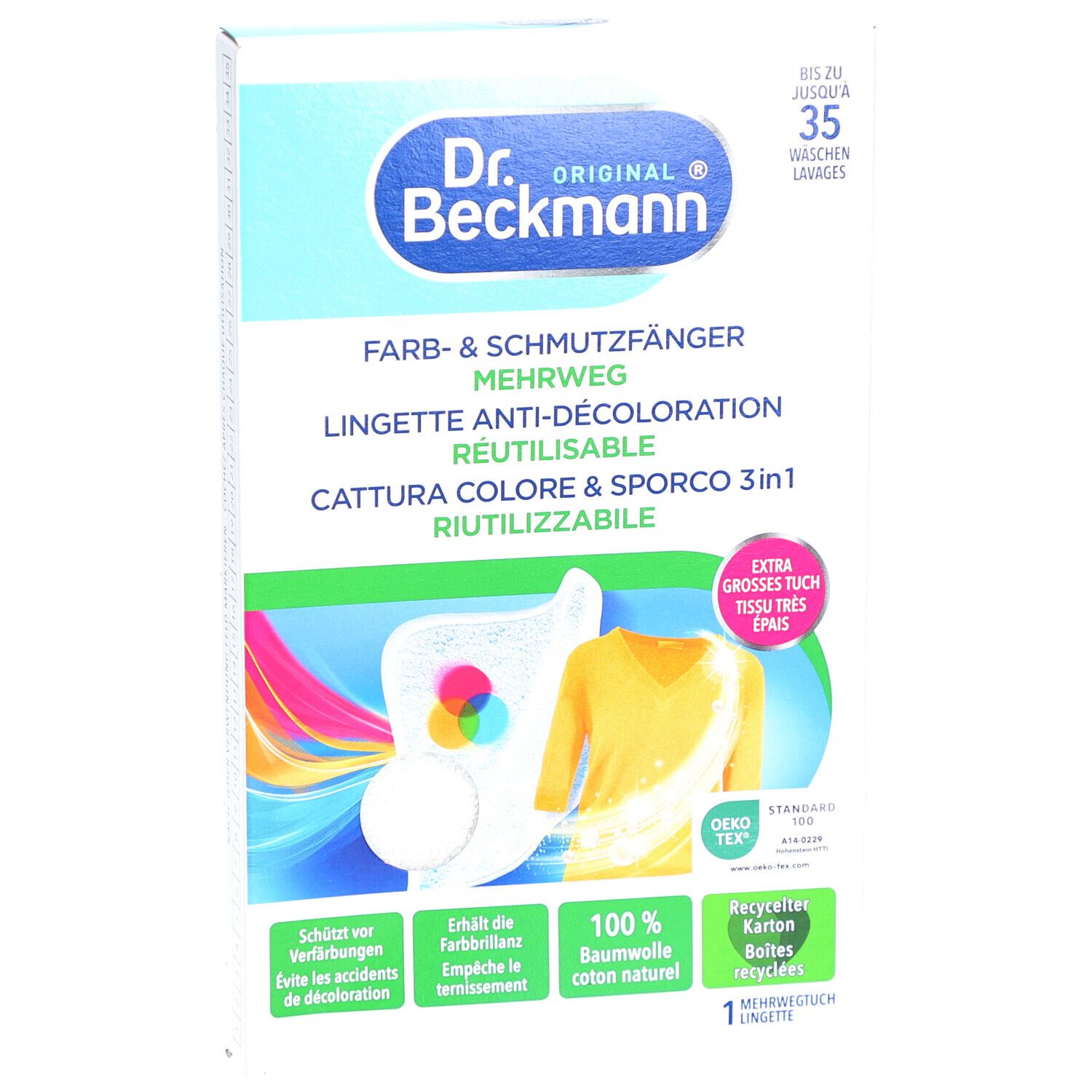 Boîte de lingettes anti-décoloration Dr. Beckmann. Texte: Farb- & Schmutzfänger, Mehrweg, Anti-Décoloration, Riutilizzabile. Contient 1 lingette. OEKO-TEX.