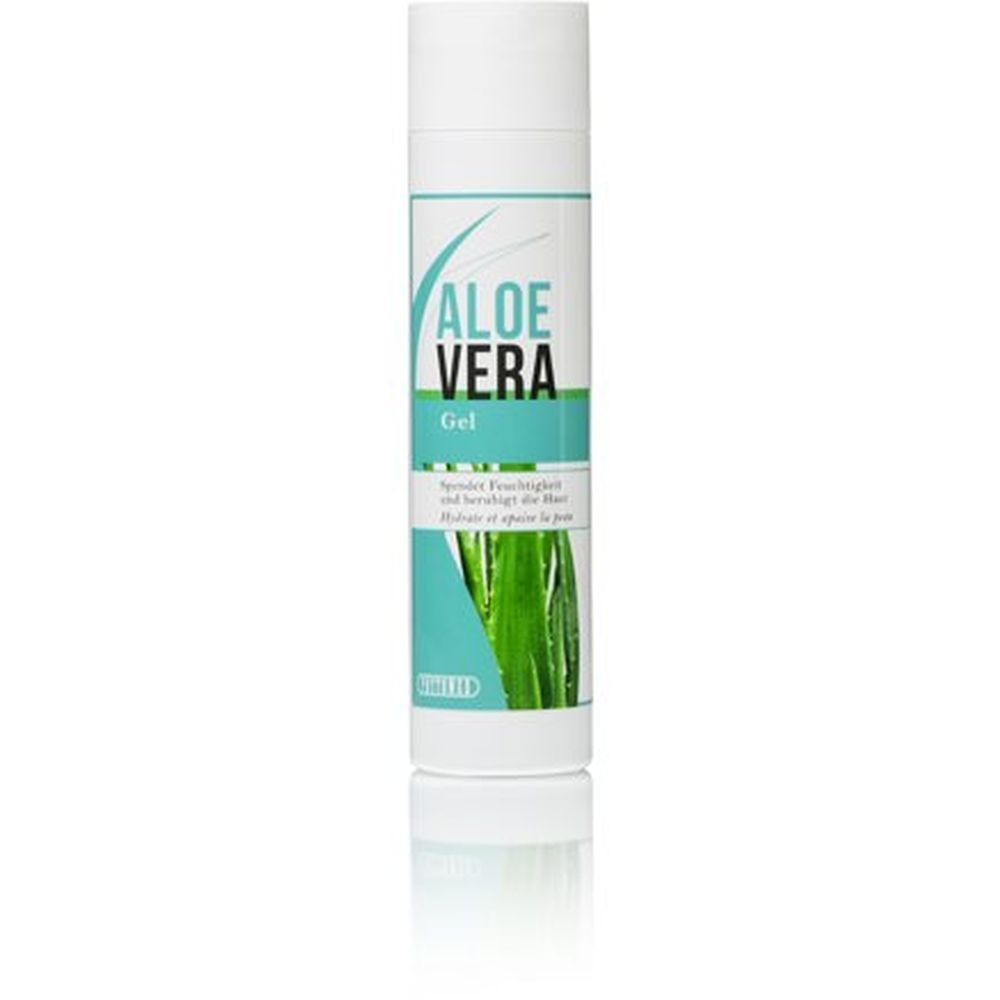 Tube blanche de gel d'aloe vera. Inscription : ALOE VERA Gel. Bande turquoise avec feuille d'aloe vera. Marque : PHYTOMED.