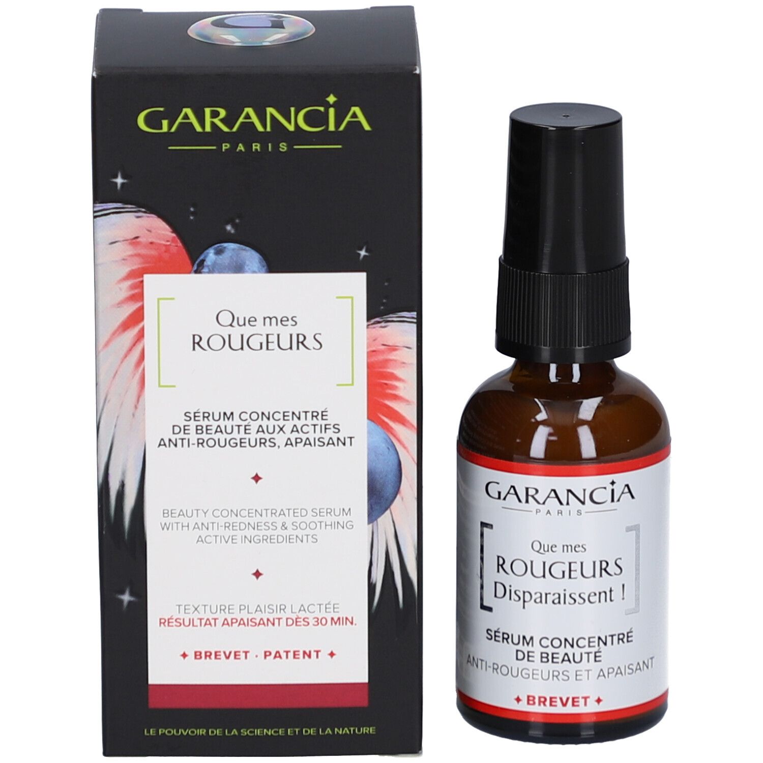 Flacon et emballage du produit. Boîte noire avec illustration du produit. Flacon: GARANCIA, Que mes Rougeurs Disparaissent!
