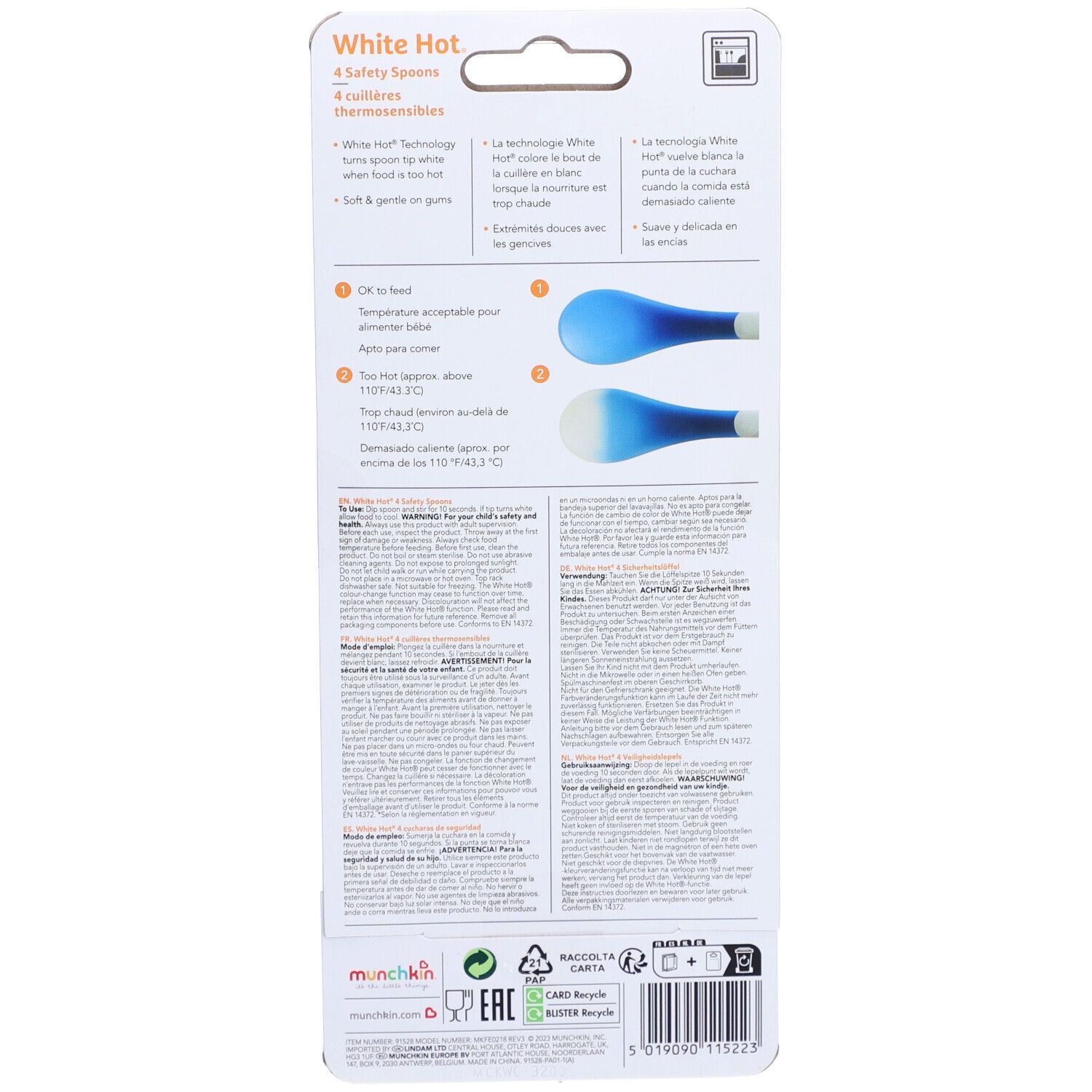 Dos de l'emballage avec informations produit. Contient instructions, avertissements et informations sur la technologie "White Hot".