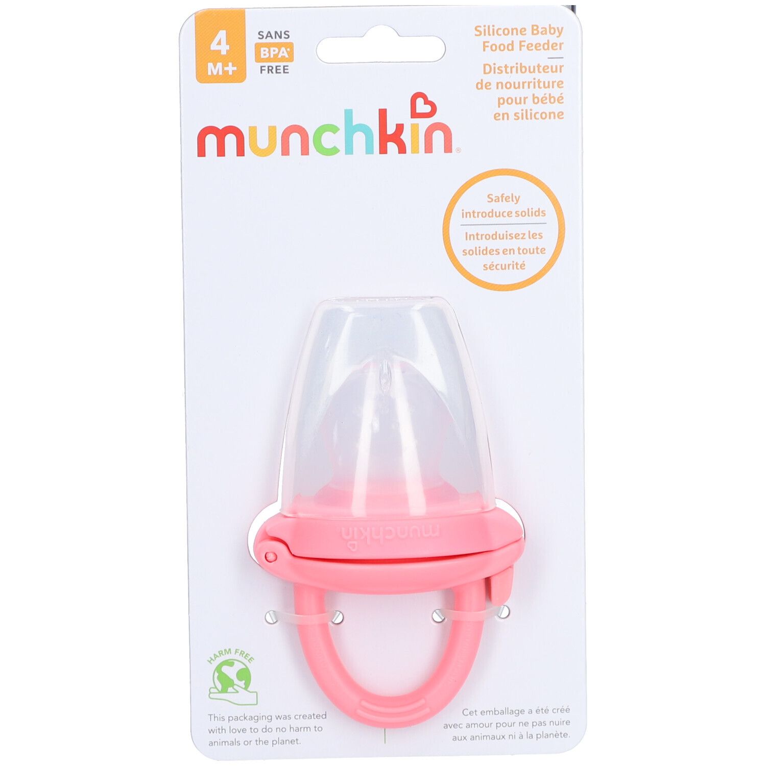 Roze siliconen babyvoeder met transparante deksel. Op blisterverpakking met Munchkin-logo en BPA-vrij.