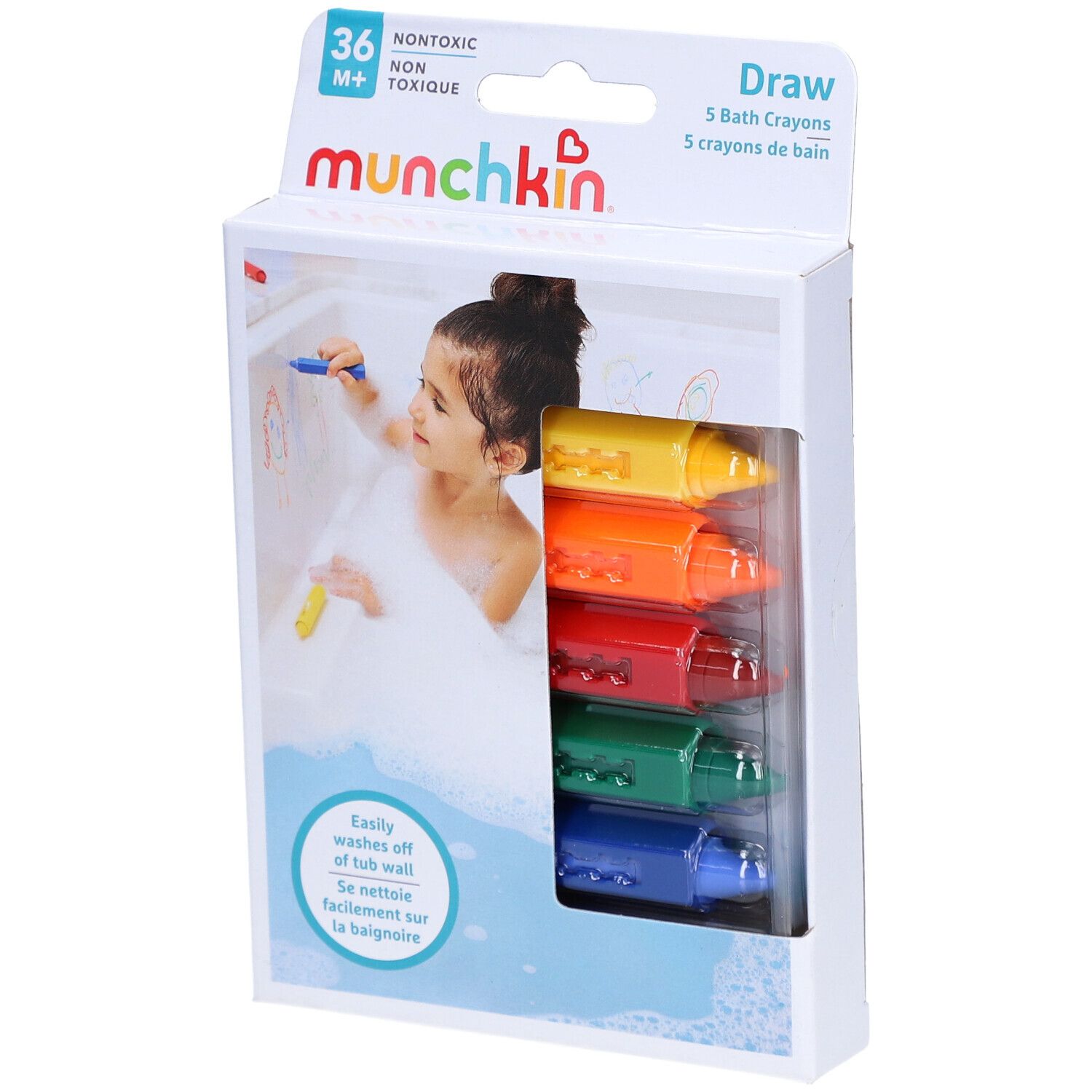 Emballage de 5 crayons de bain. Marque : munchkin. Contient des crayons jaunes, oranges, rouges, verts et bleus. Impression : non toxique.