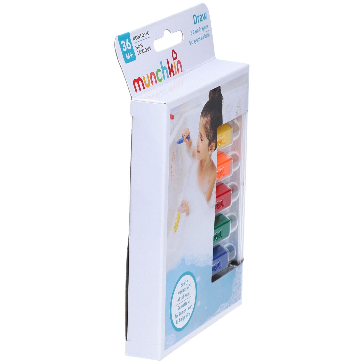 Vue latérale de l'emballage de 5 crayons de bain. Marque : munchkin. Contient des crayons jaunes, oranges, rouges, verts et bleus. Impression : non toxique.