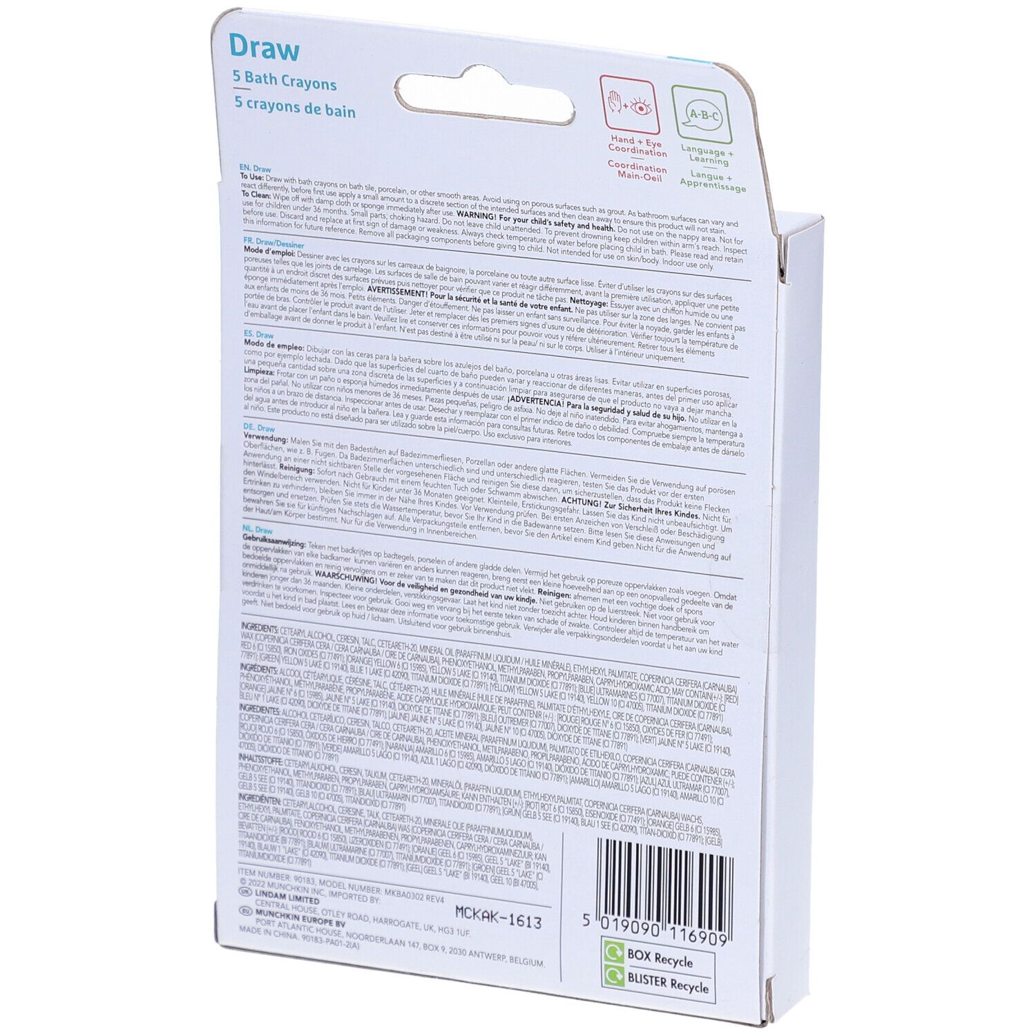 Dos de l'emballage avec informations sur le produit et symboles de recyclage. Texte en plusieurs langues. Contient des informations sur les ingrédients.