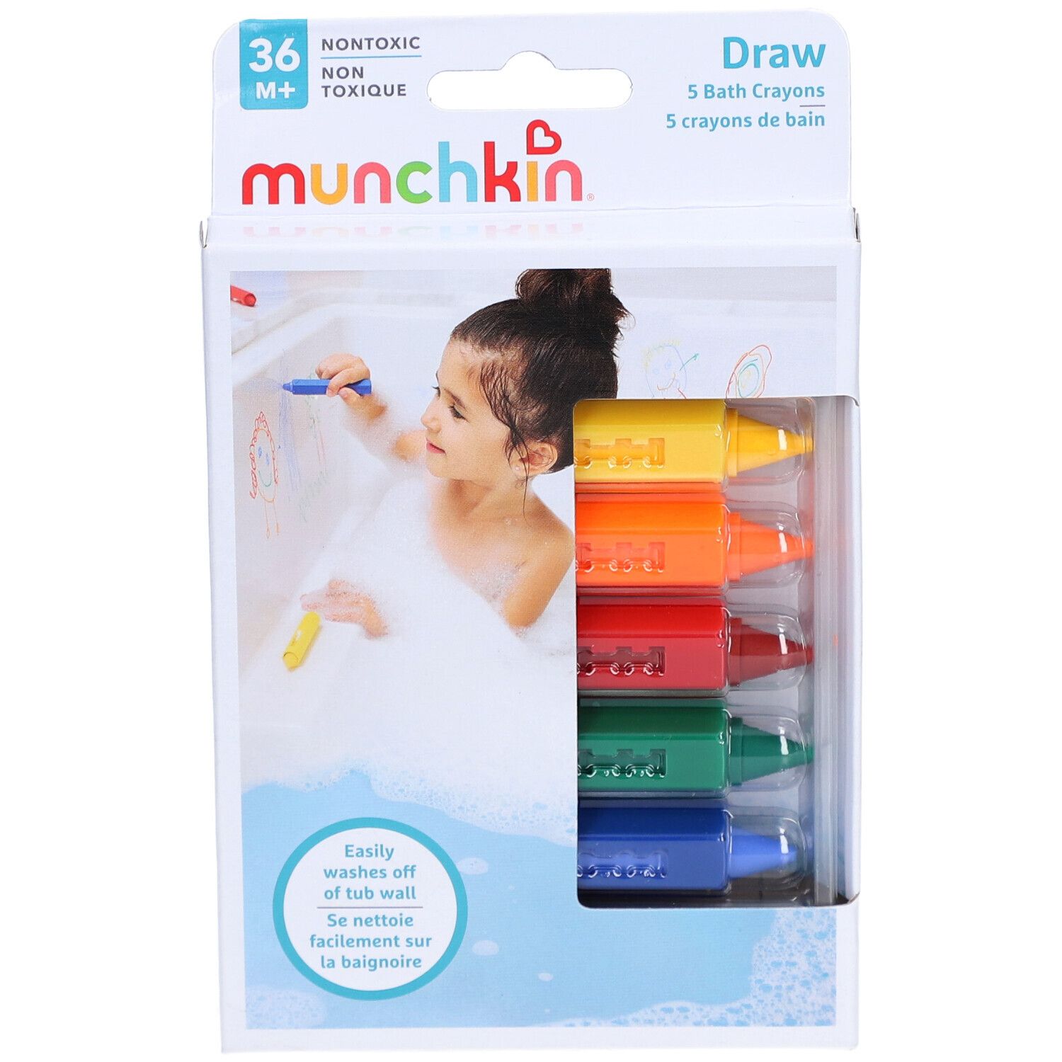Emballage de 5 crayons de bain. Marque : munchkin. Contient des crayons jaunes, oranges, rouges, verts et bleus. Impression : non toxique.