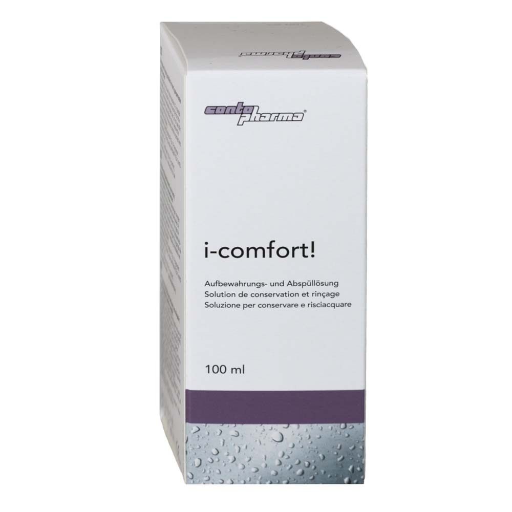 Doos van contopharma® i-comfort! met productnaam en 100 ml. Bewaar- en afspoeloplossing voor contactlenzen.