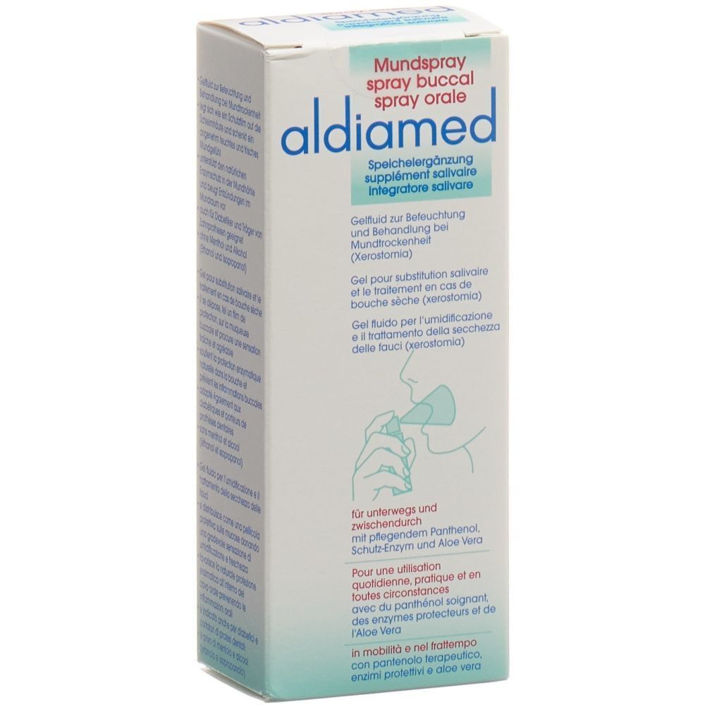 Witte doos met aldiamed Mundspray. Opschriften in het Duits, Frans en Italiaans. Illustratie van een persoon die spuit.