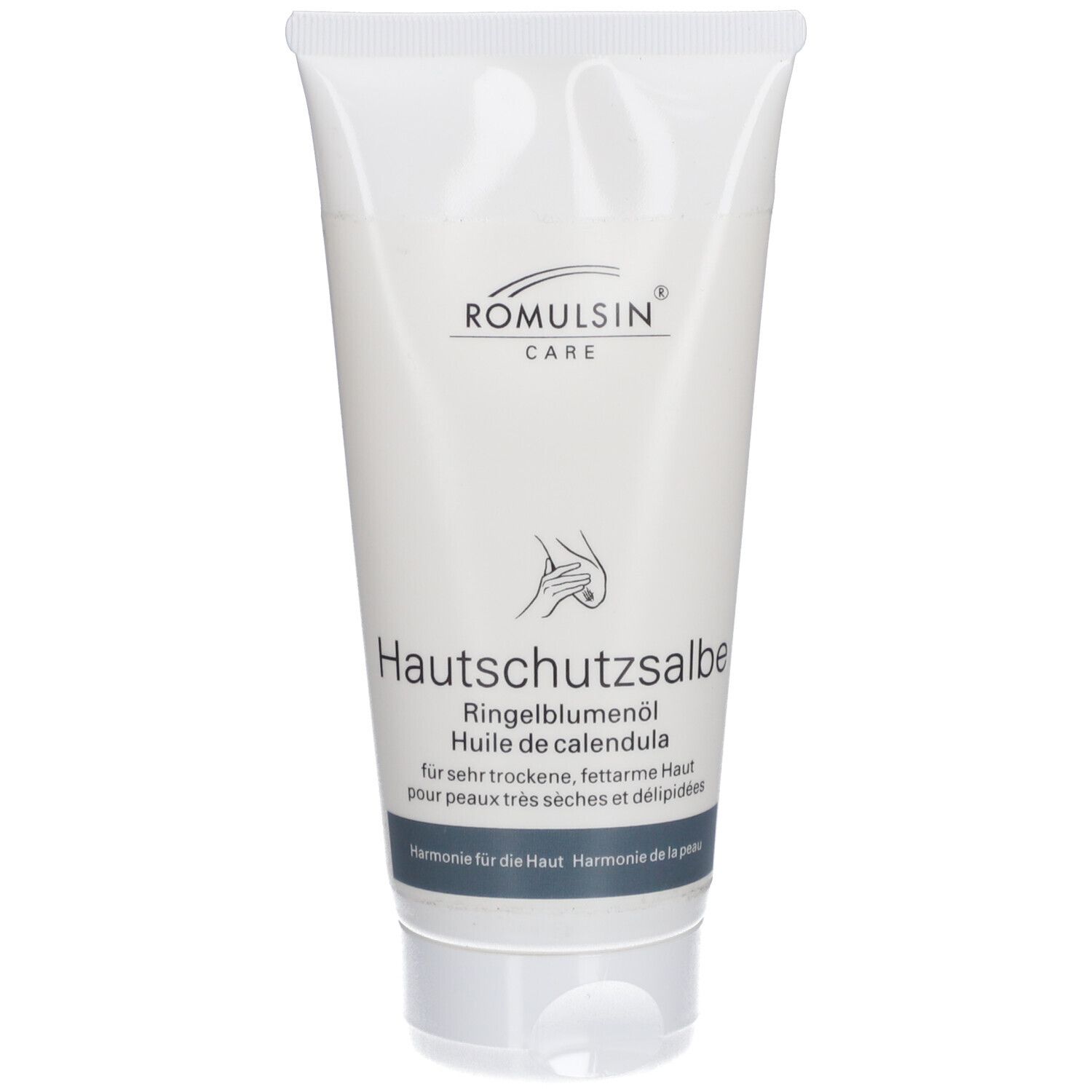 Crèmetube met productnaam en calendula-olie-aanduiding. Illustratie van een hand op de verpakking.