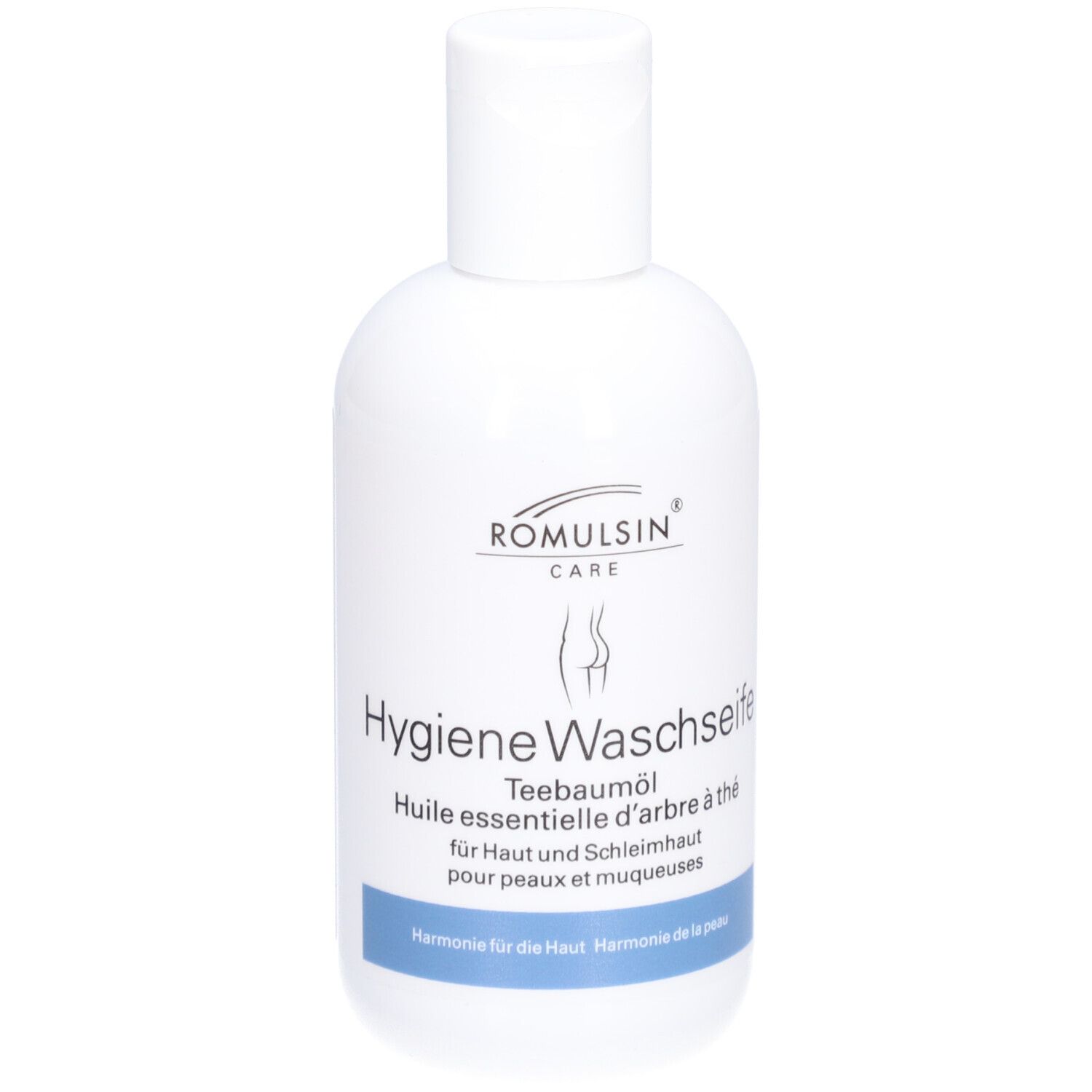 Witte fles met klapdeksel. Opschrift: ROMULSIN CARE, Hygiene Waschseife, Tea tree olie. Blauwe balk met tekst.