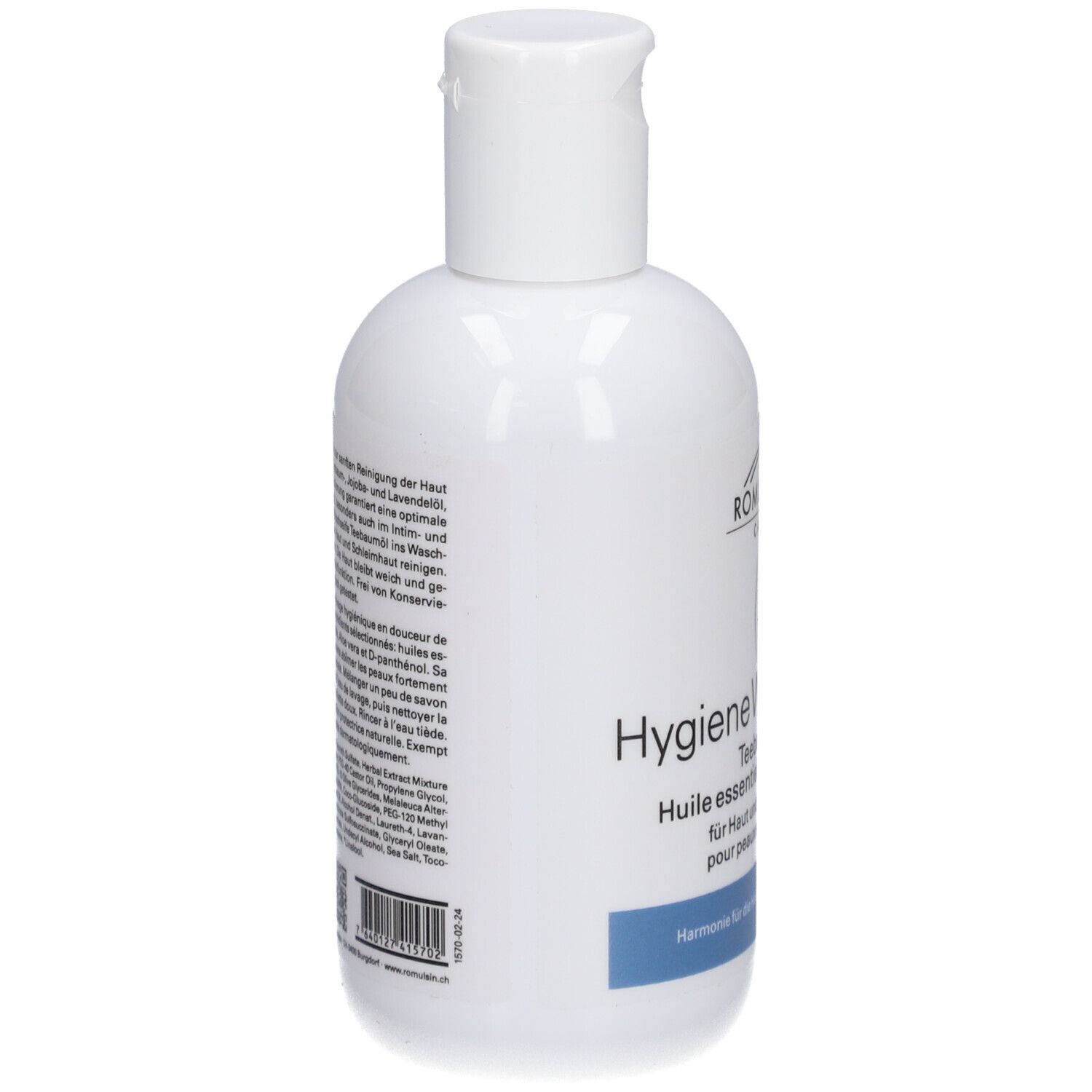Witte fles met klapdeksel. Achterkant met tekst en barcode. ROMULSIN CARE, Hygiene Waschseife, Tea tree olie.